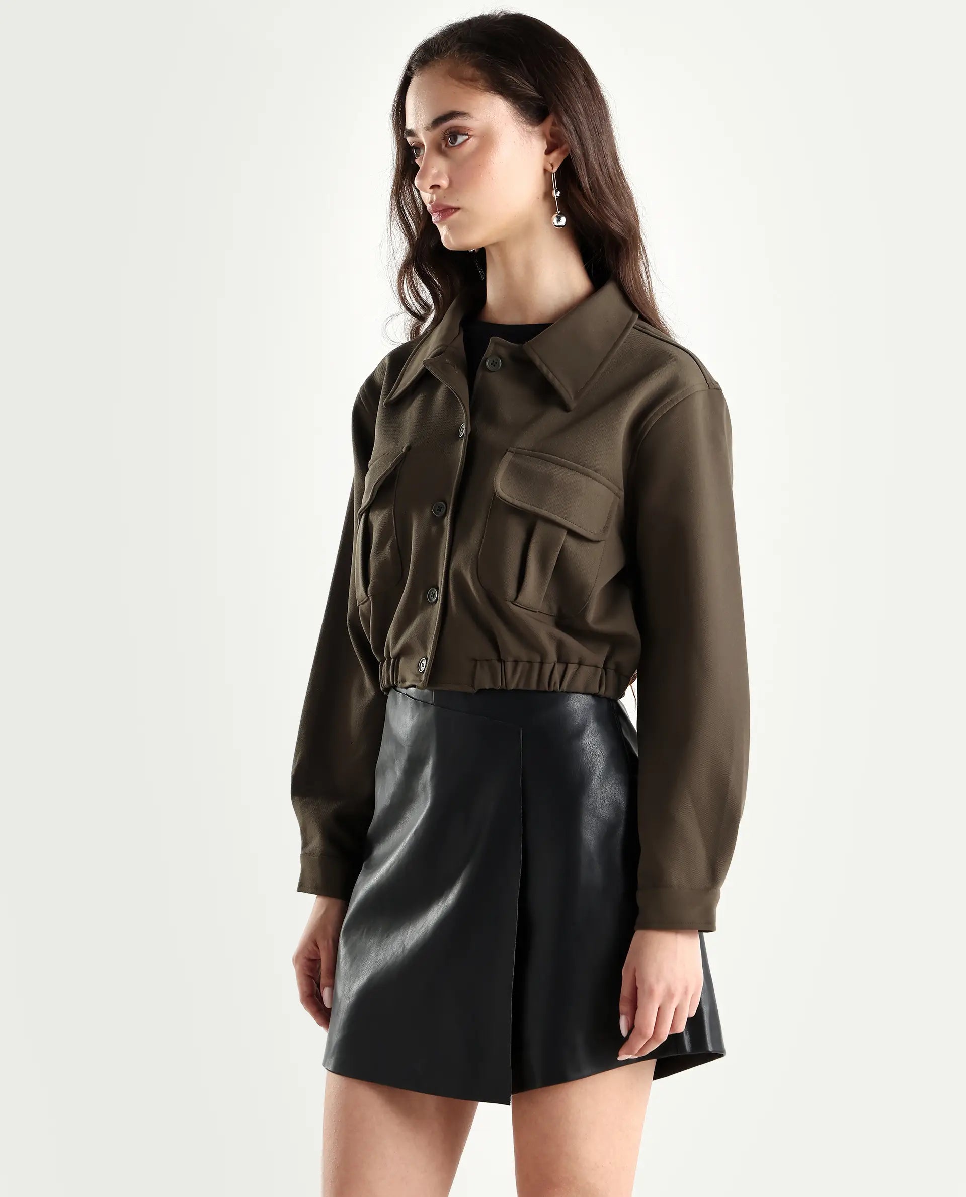 Rareism Women's Hobart Olive Spread Collar Plain Cuffed Sleeve Crop Regular Fit Jacket