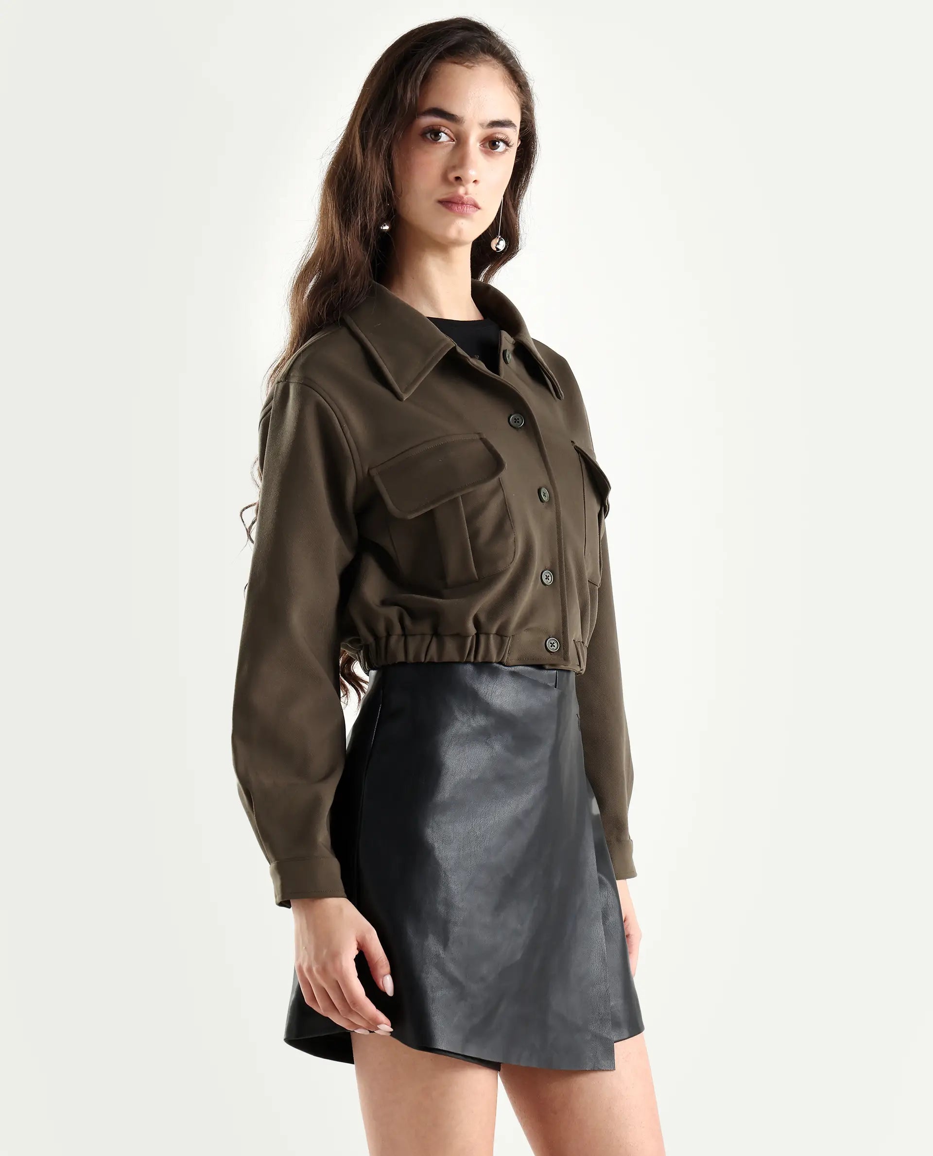 Rareism Women's Hobart Olive Spread Collar Plain Cuffed Sleeve Crop Regular Fit Jacket