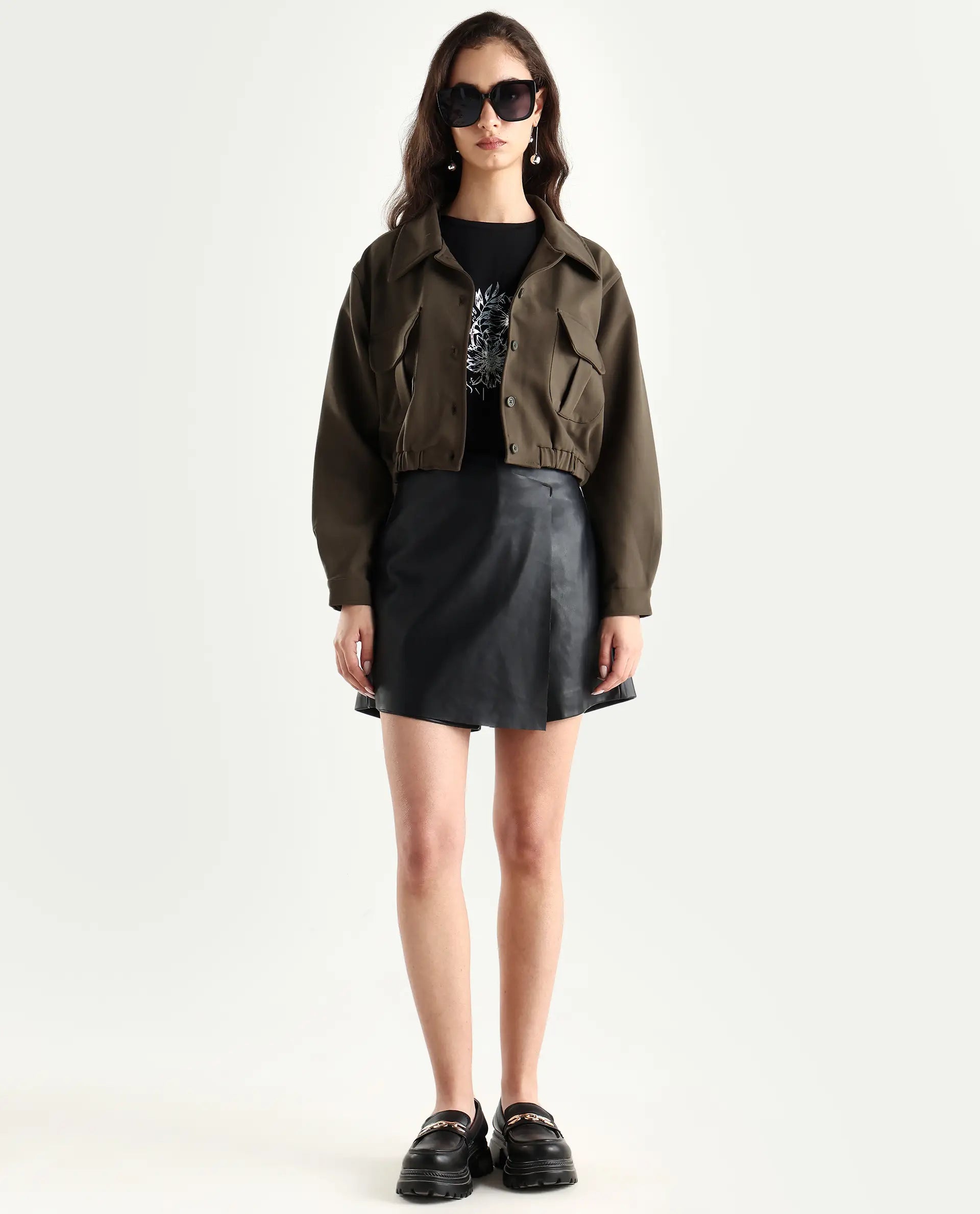Rareism Women's Hobart Olive Spread Collar Plain Cuffed Sleeve Crop Regular Fit Jacket