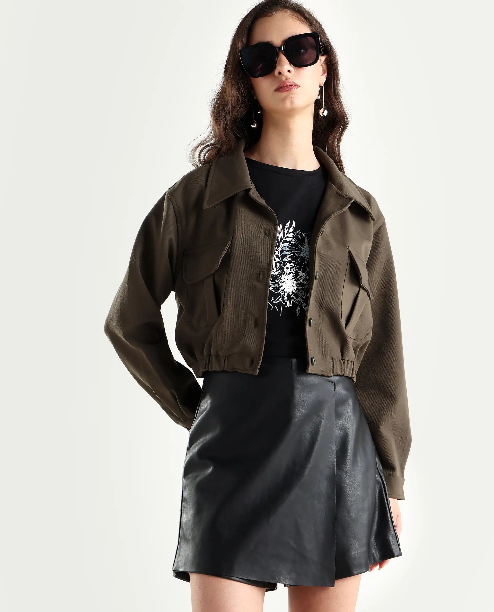 Rareism Women's Hobart Olive Spread Collar Plain Cuffed Sleeve Crop Regular Fit Jacket