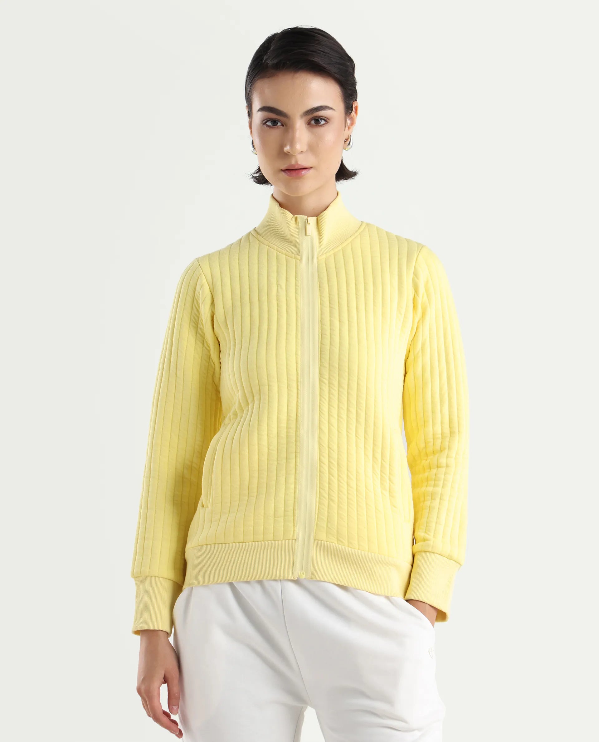 Rareism Women's Tunceli Light Yellow Polyester Blend Mandarin Collar Plain Regular Fit Jacket