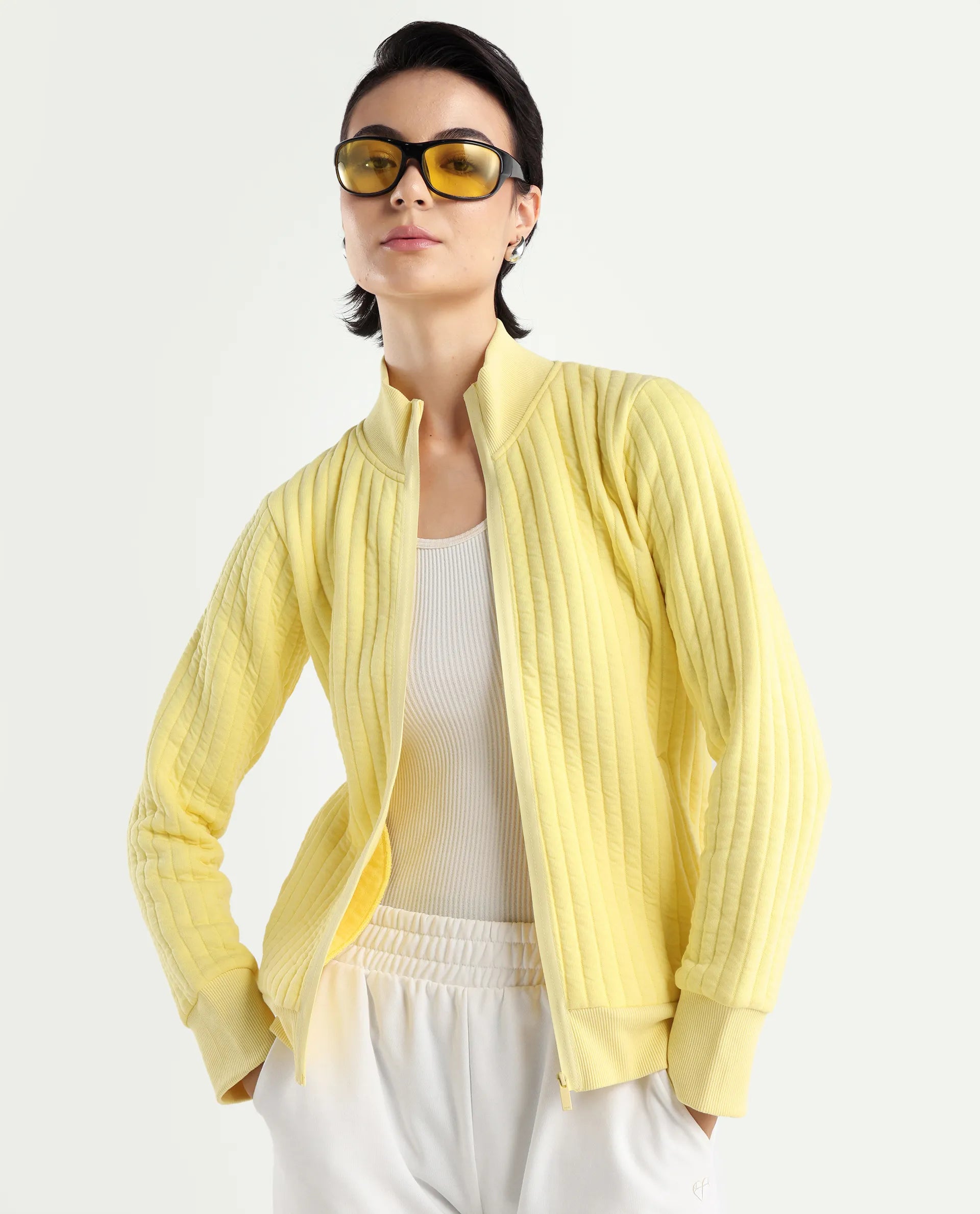 Rareism Women's Tunceli Light Yellow Polyester Blend Mandarin Collar Plain Regular Fit Jacket