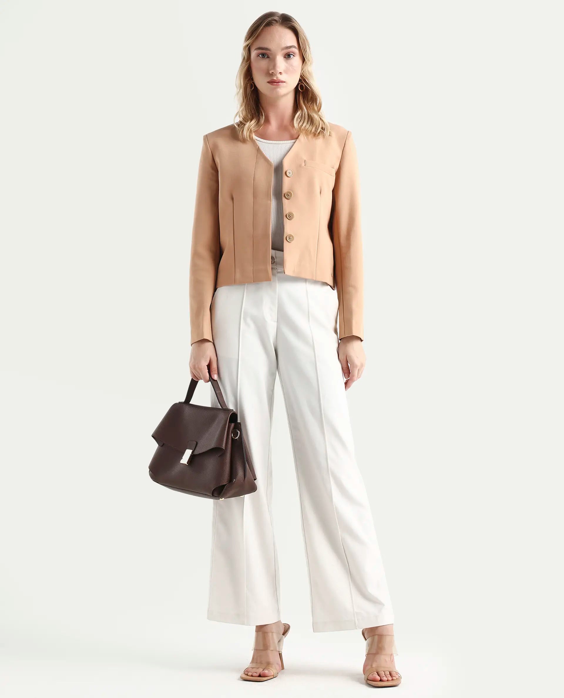 Rareism Women's Castlei Beige V-Neck Plain Regular Fit Jacket