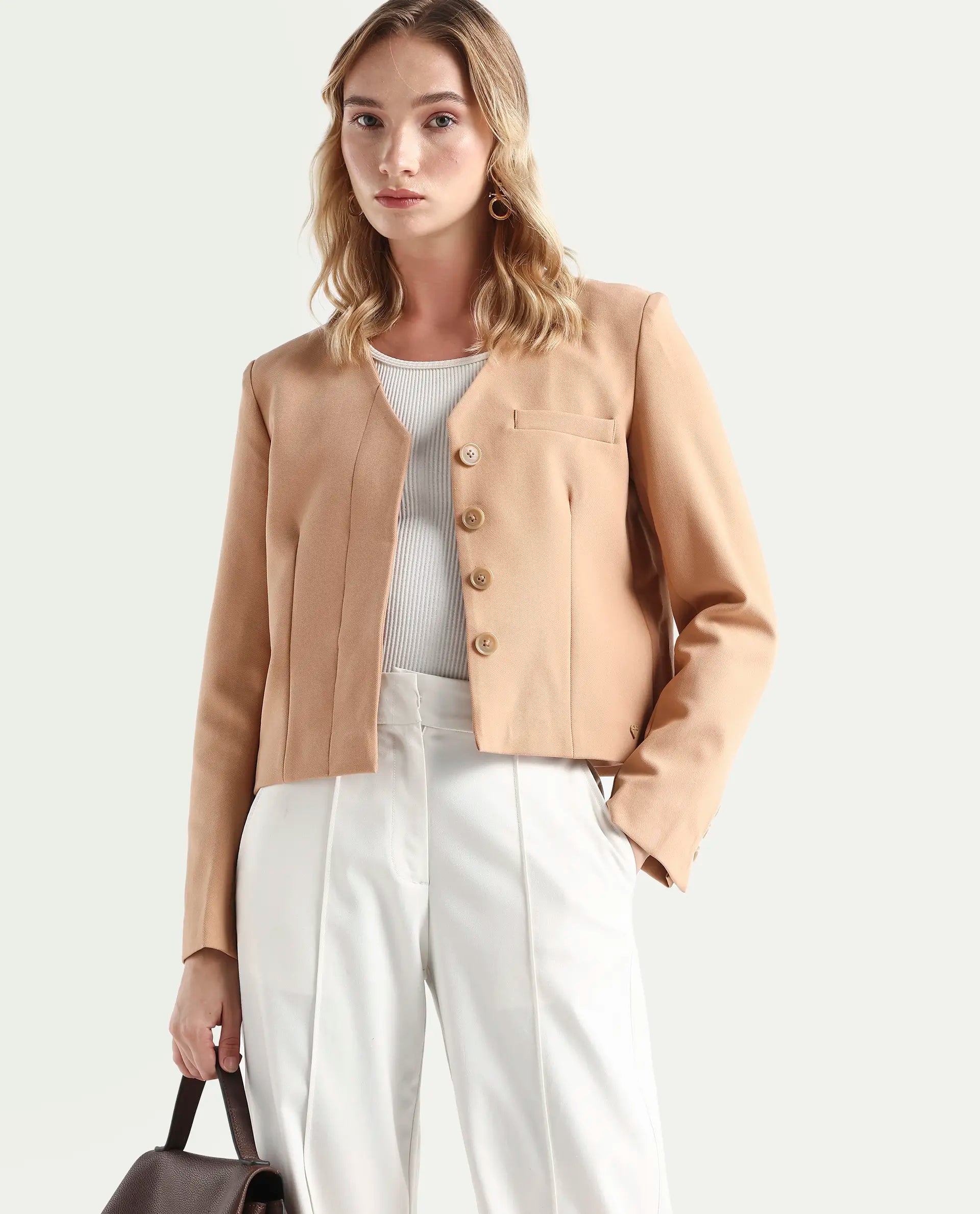Rareism Women's Castlei Beige V-Neck Plain Regular Fit Jacket