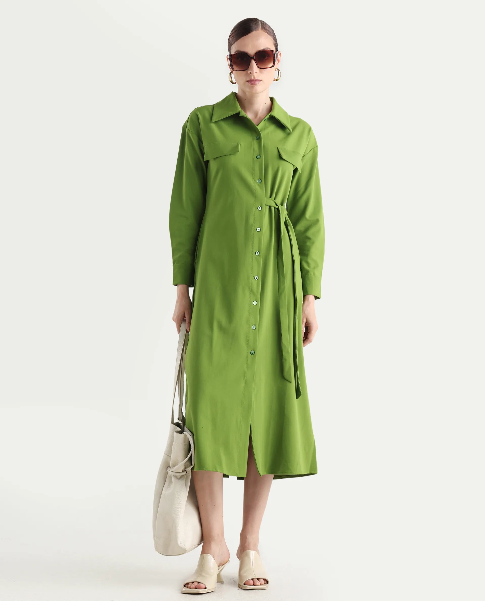 Rareism Women's Towoo Green Drop Collar Plain Cuffed Sleeve Maxi Regular Fit Jacket