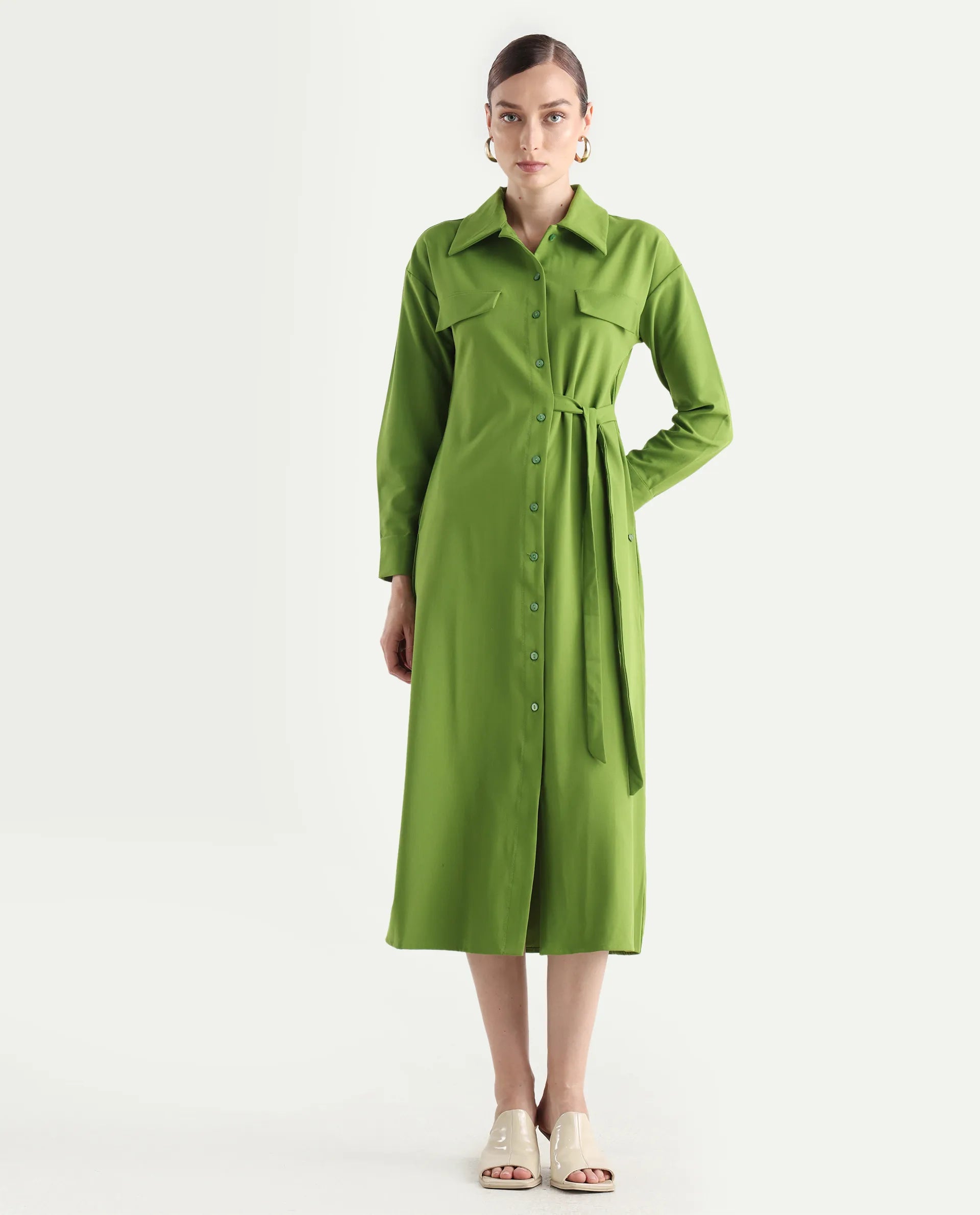 Rareism Women's Towoo Green Drop Collar Plain Cuffed Sleeve Maxi Regular Fit Jacket