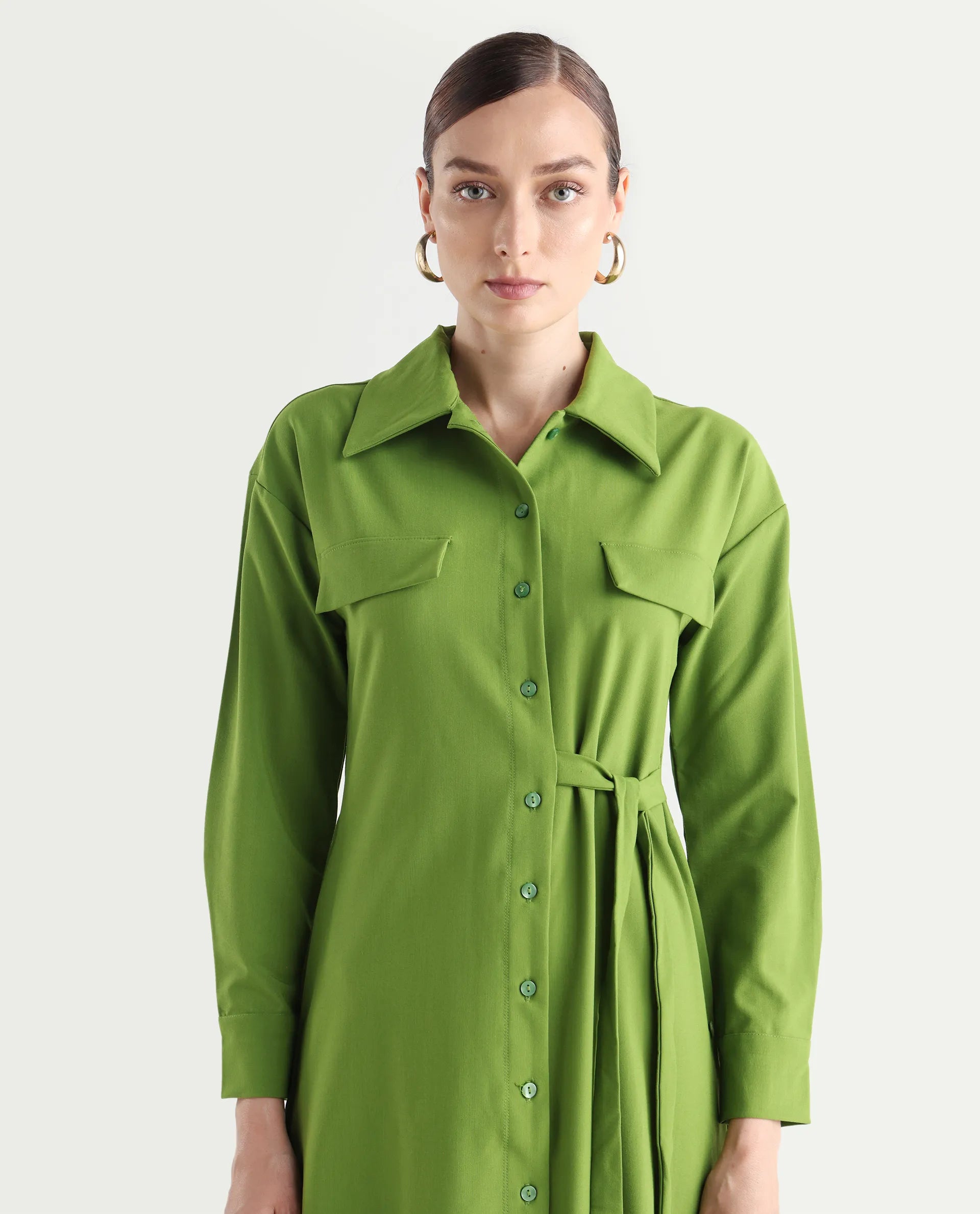 Rareism Women's Towoo Green Drop Collar Plain Cuffed Sleeve Maxi Regular Fit Jacket