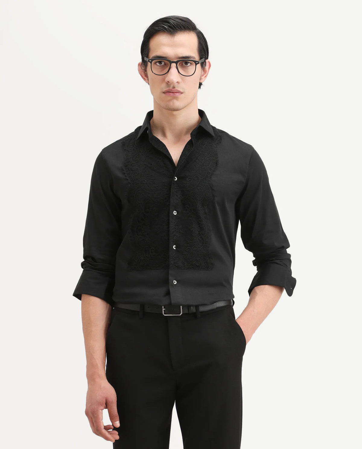 Rare Rabbit Men's Faro-2 Black Cotton Embroidered Regular Fit Full Sleeve Collared Shirt