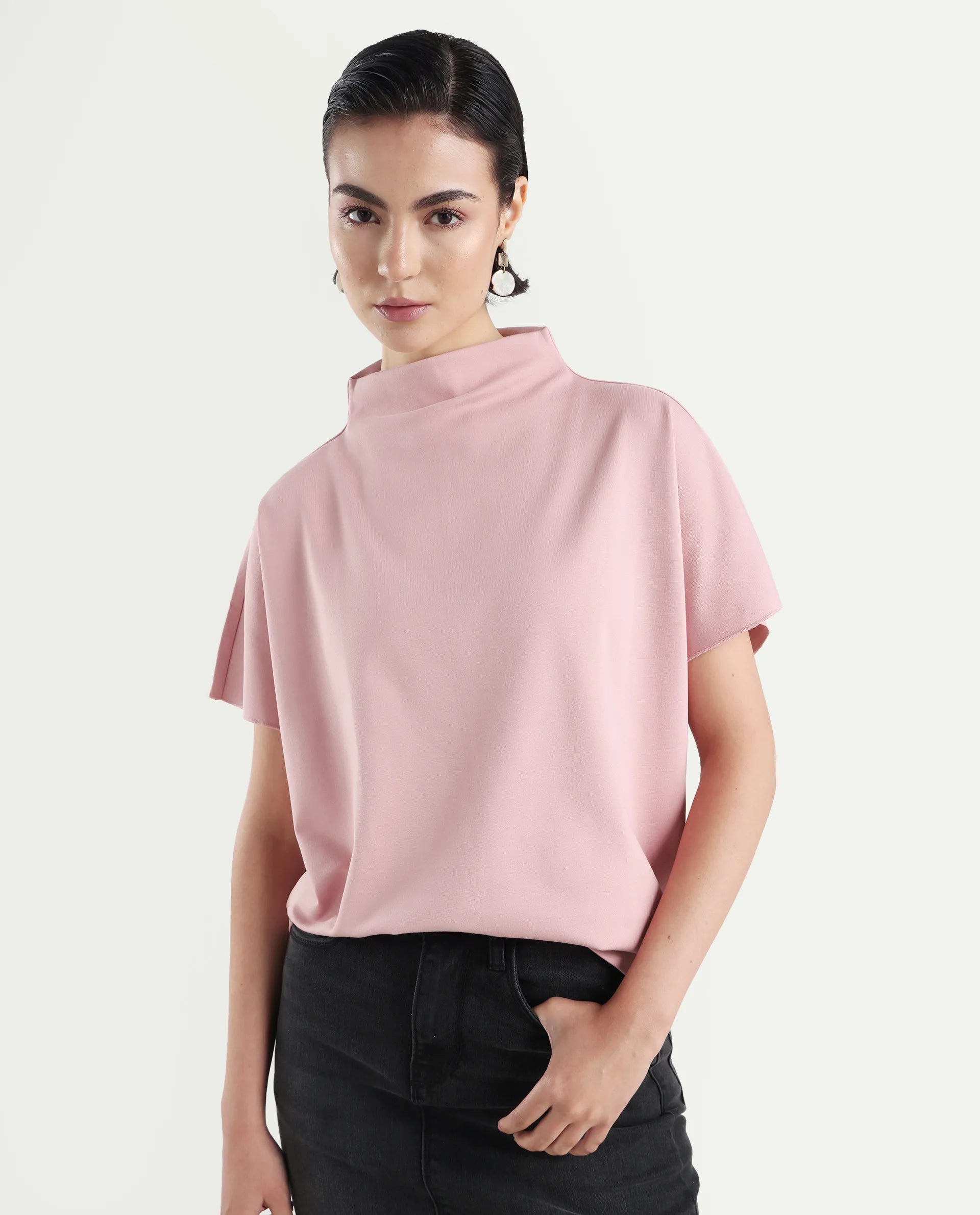 Rareism Women's Worknet Pink Cotton Blend High Neck Plain Extended Sleeves Relaxed Fit Top