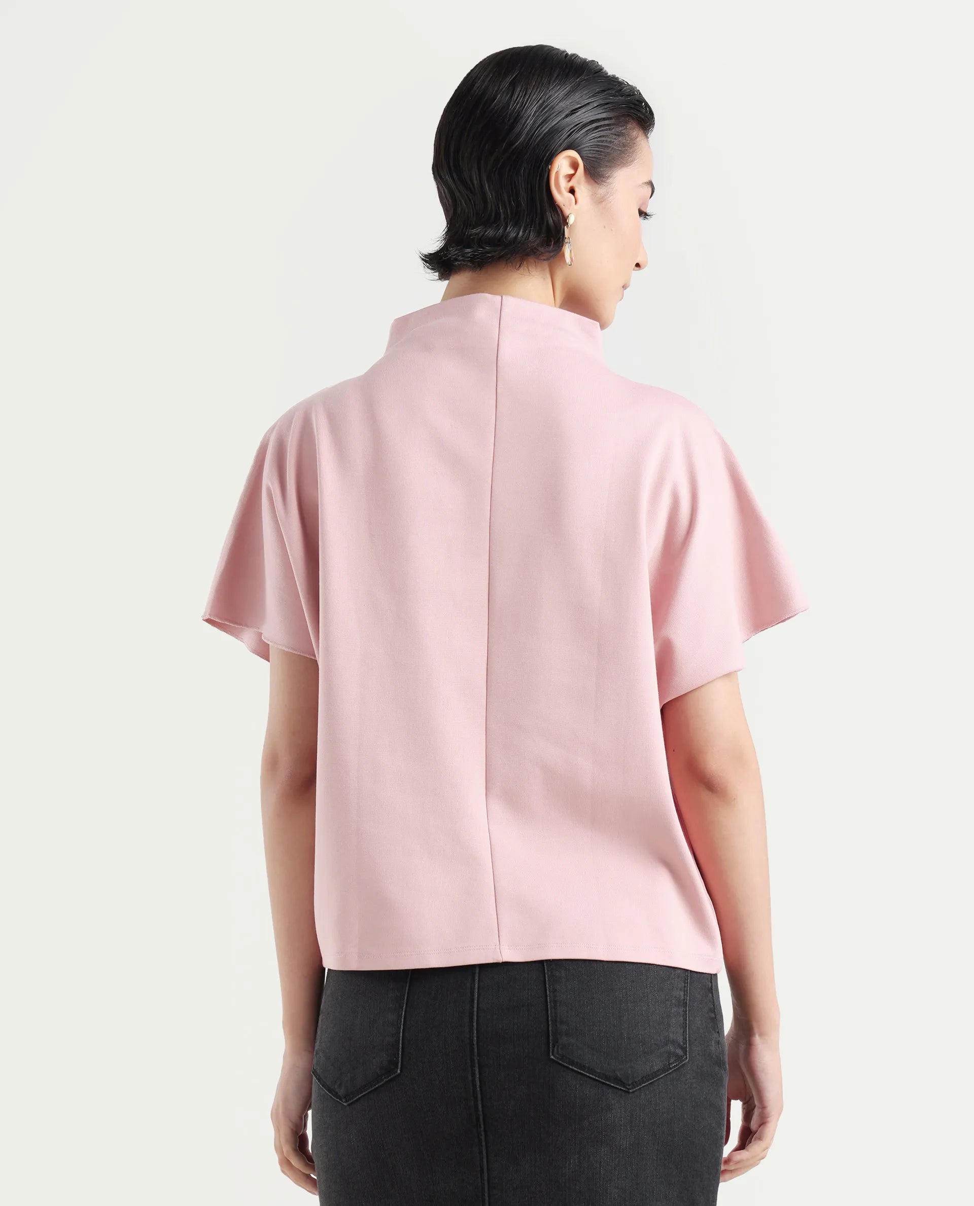 Rareism Women's Worknet Pink Cotton Blend High Neck Plain Extended Sleeves Relaxed Fit Top