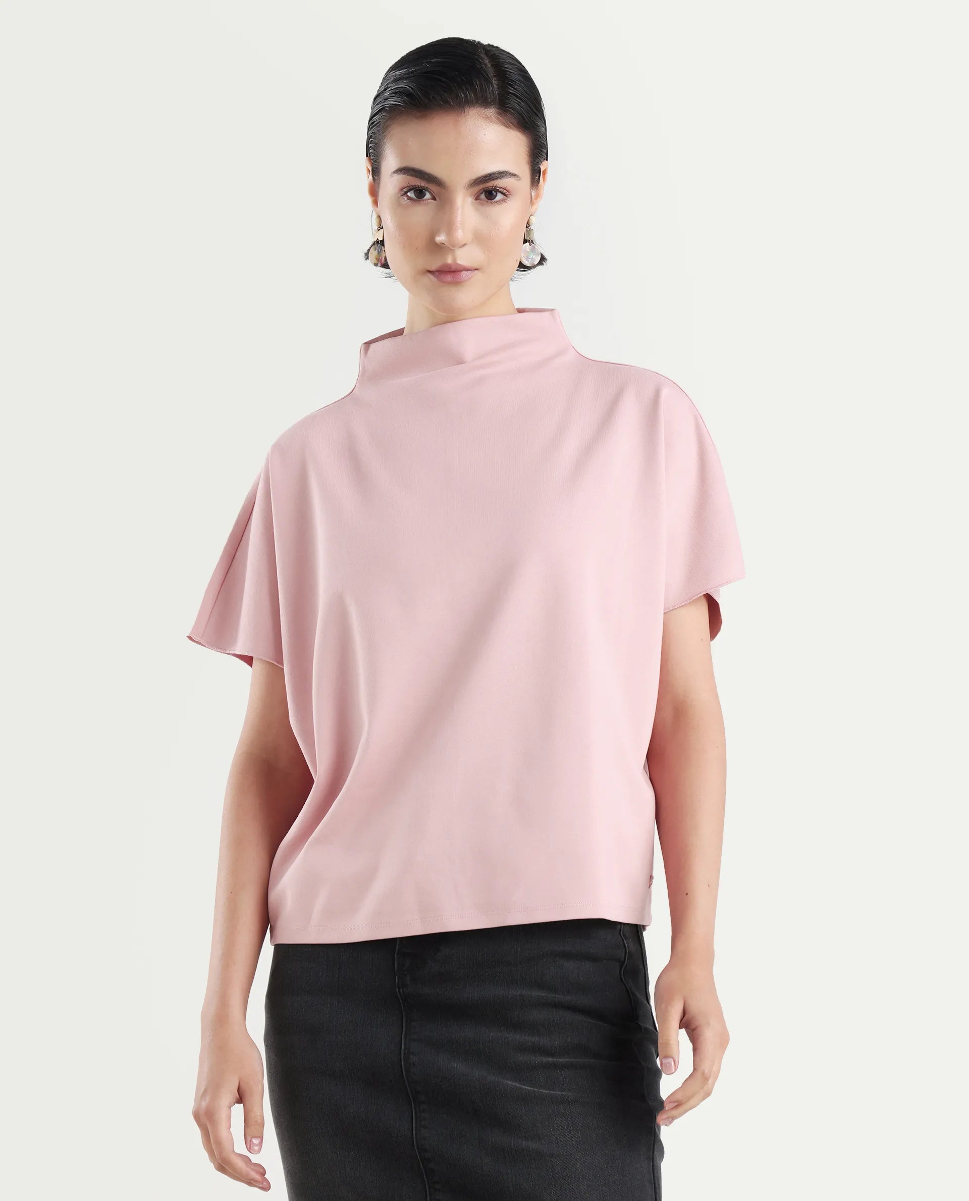 Rareism Women's Worknet Pink Cotton Blend High Neck Plain Extended Sleeves Relaxed Fit Top