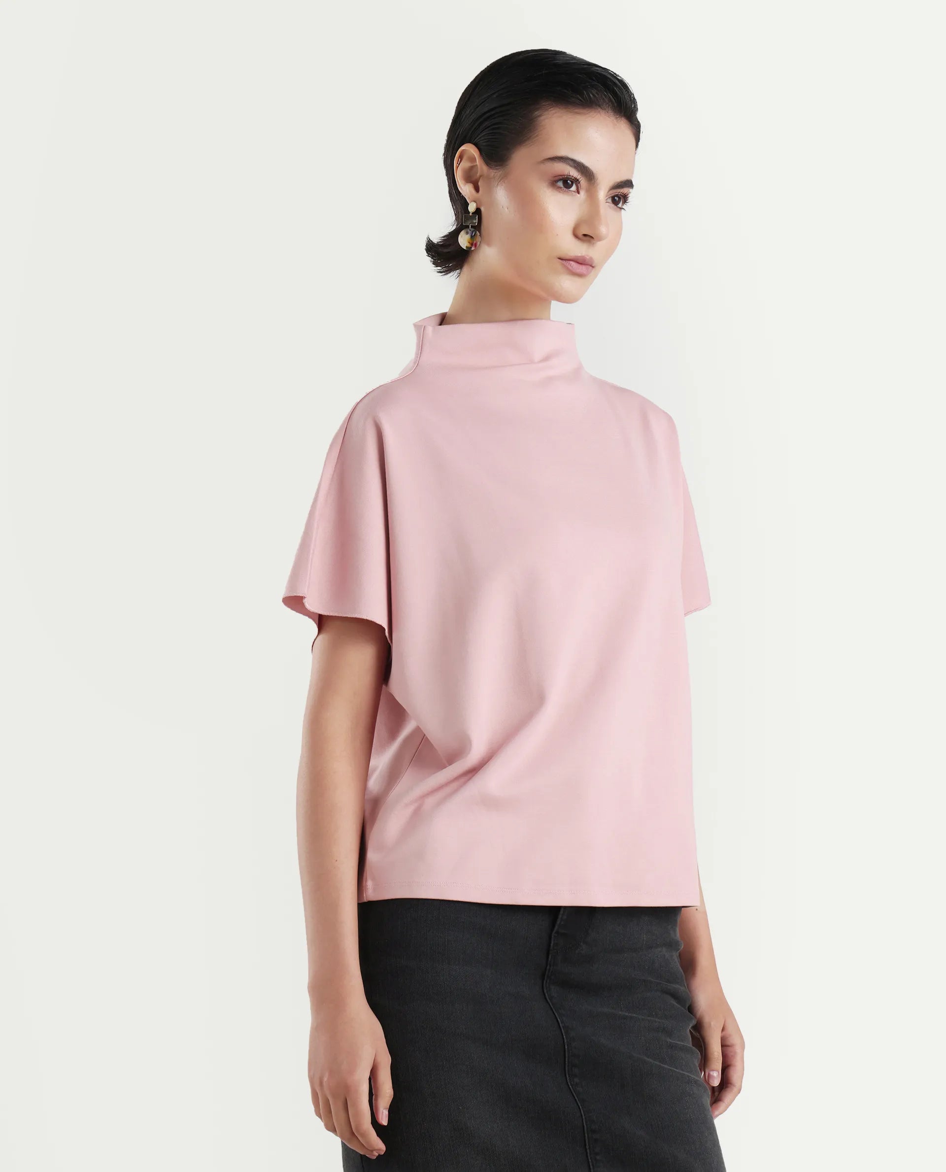 Rareism Women's Worknet Pink Cotton Blend High Neck Plain Extended Sleeves Relaxed Fit Top