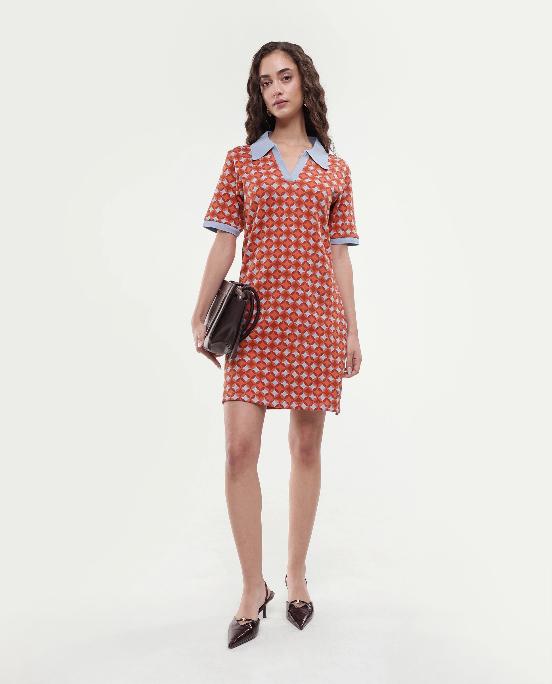 Rareism Women's Orri Multi Cotton Ribbed Collar Geometric Print Midi Relaxed Fit Dress