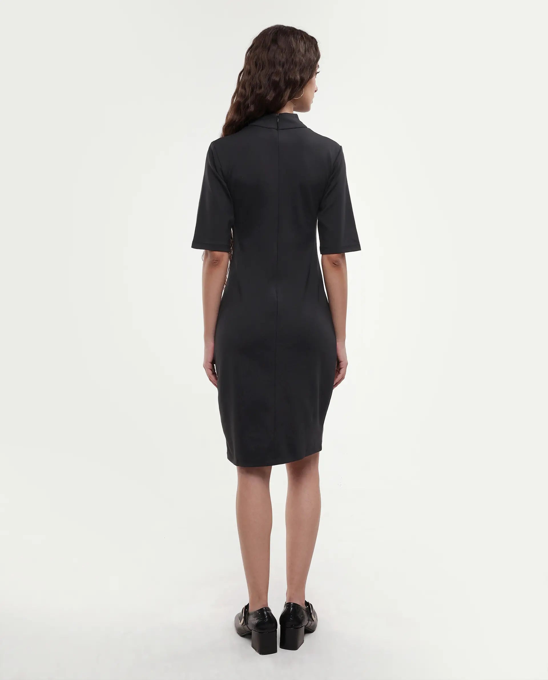 Rareism Women's Bolu Black Cotton Blend High Neck Plain Knee Length Slim Fit Dress