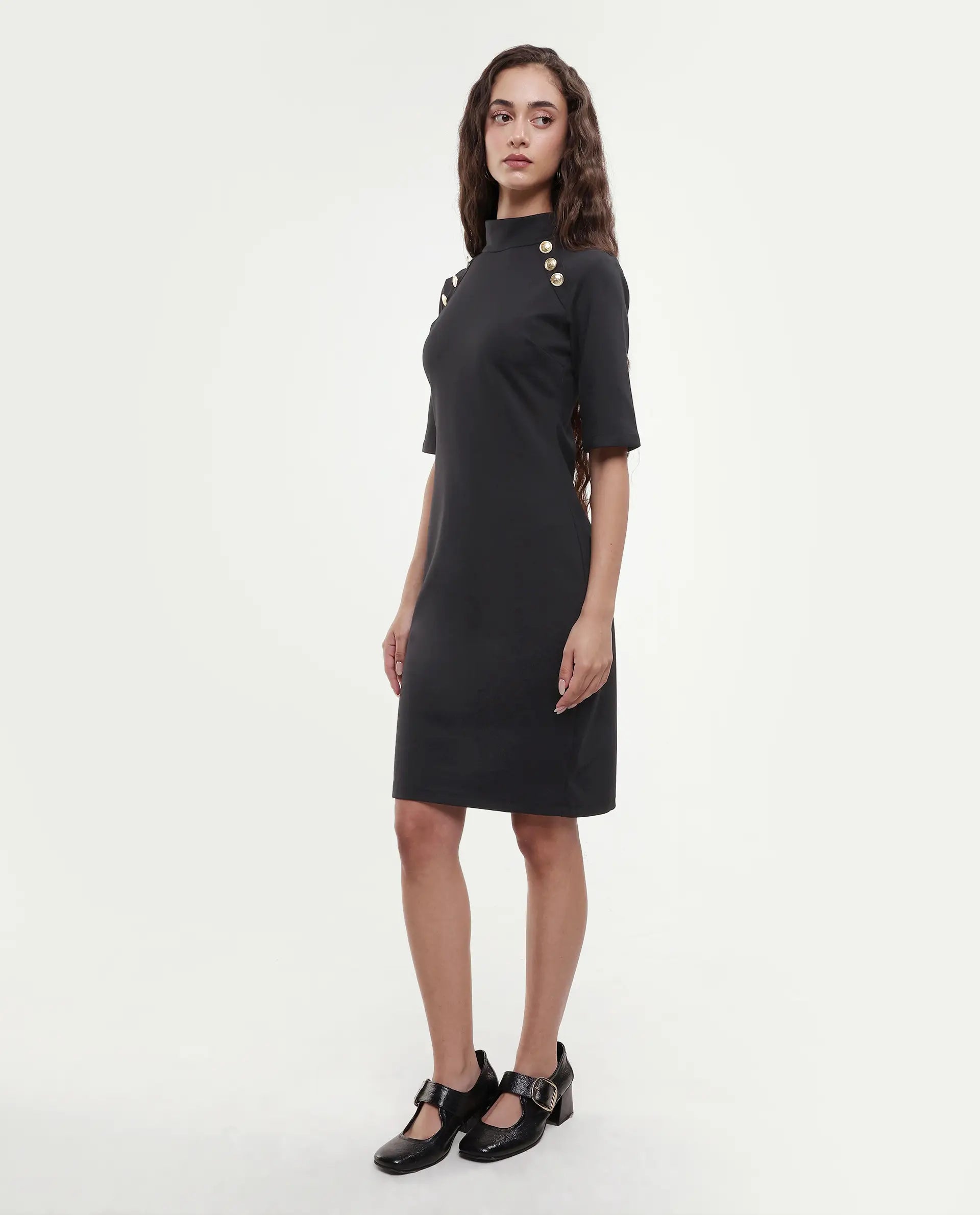 Rareism Women's Bolu Black Cotton Blend High Neck Plain Knee Length Slim Fit Dress