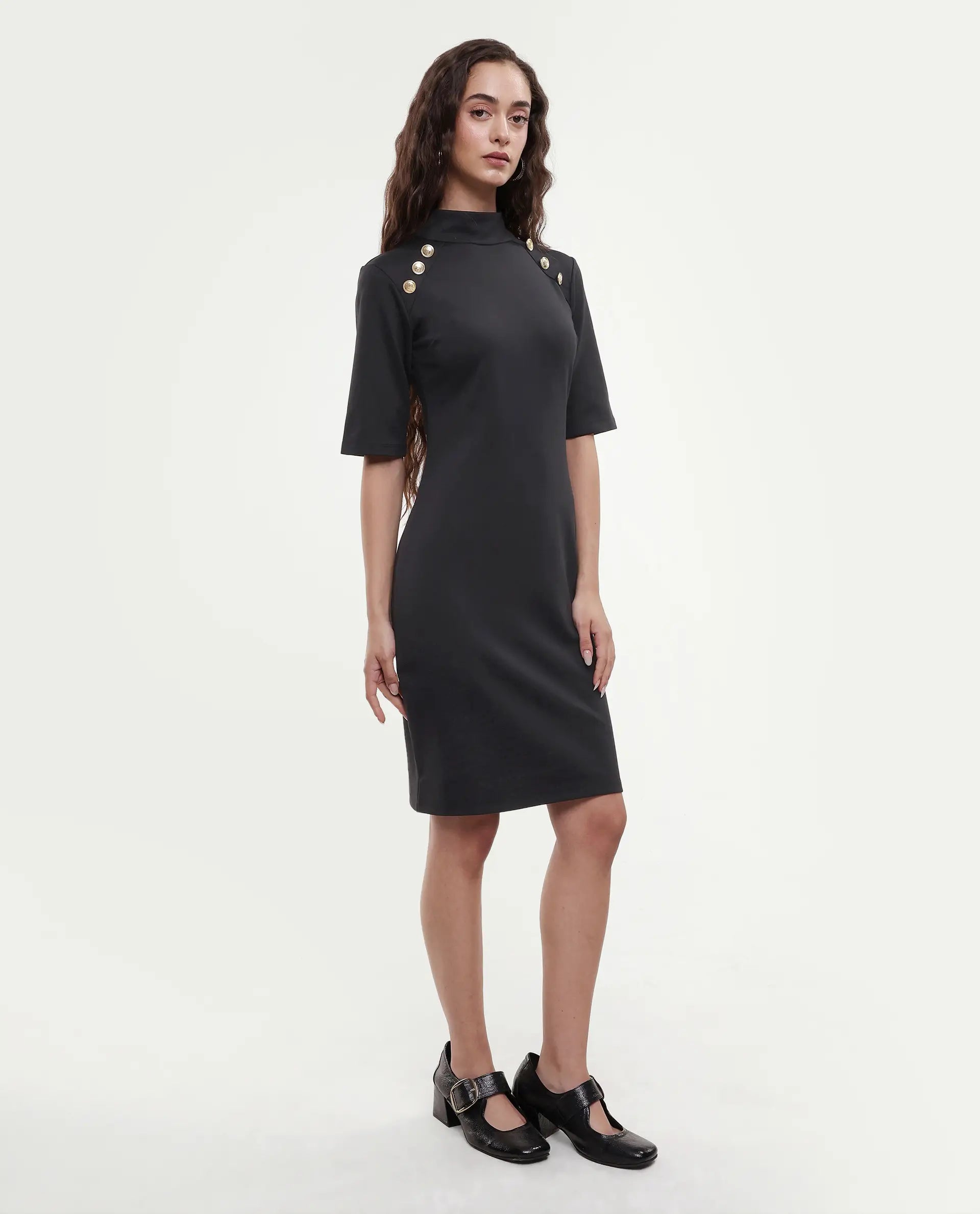 Rareism Women's Bolu Black Cotton Blend High Neck Plain Knee Length Slim Fit Dress