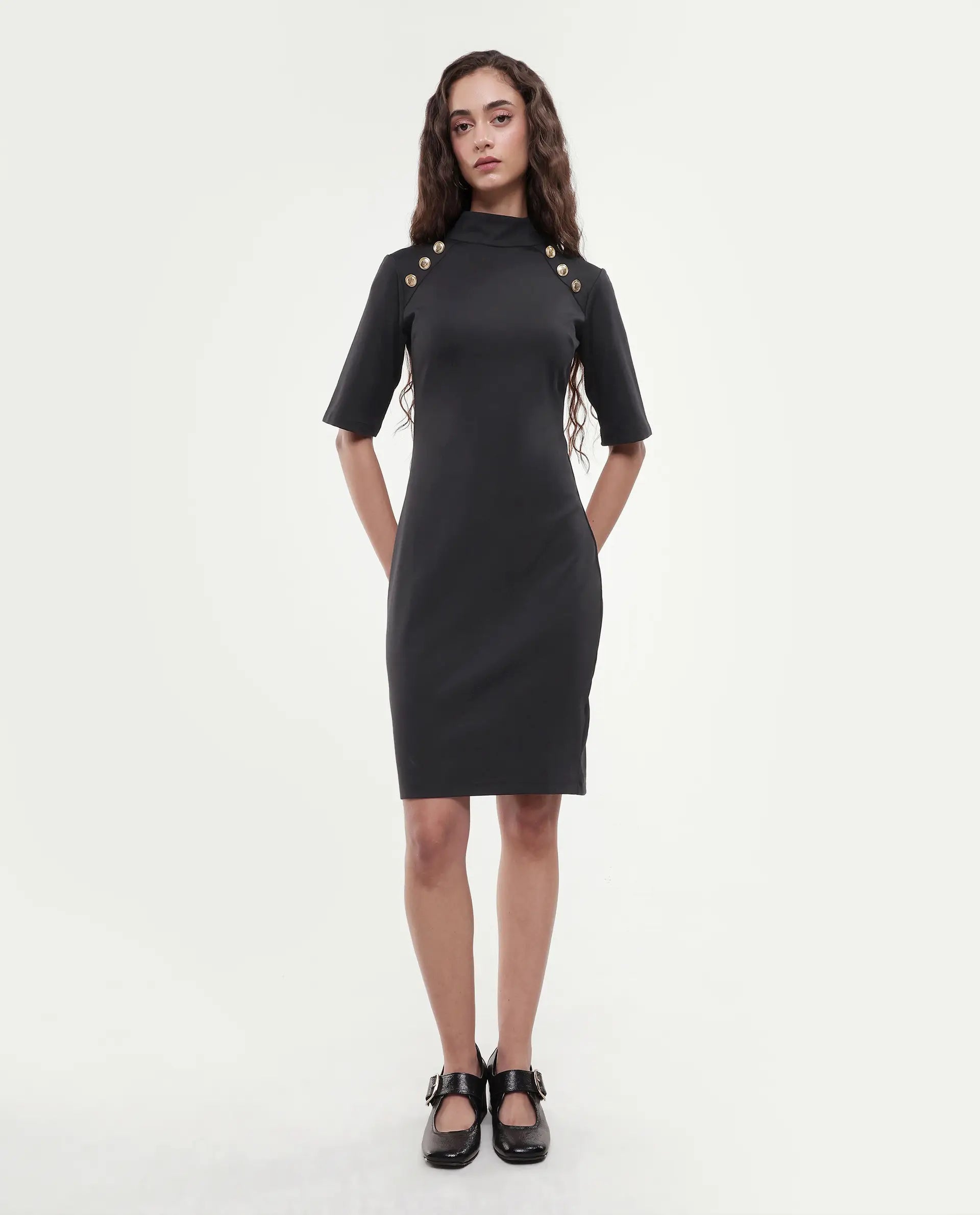 Rareism Women's Bolu Black Cotton Blend High Neck Plain Knee Length Slim Fit Dress