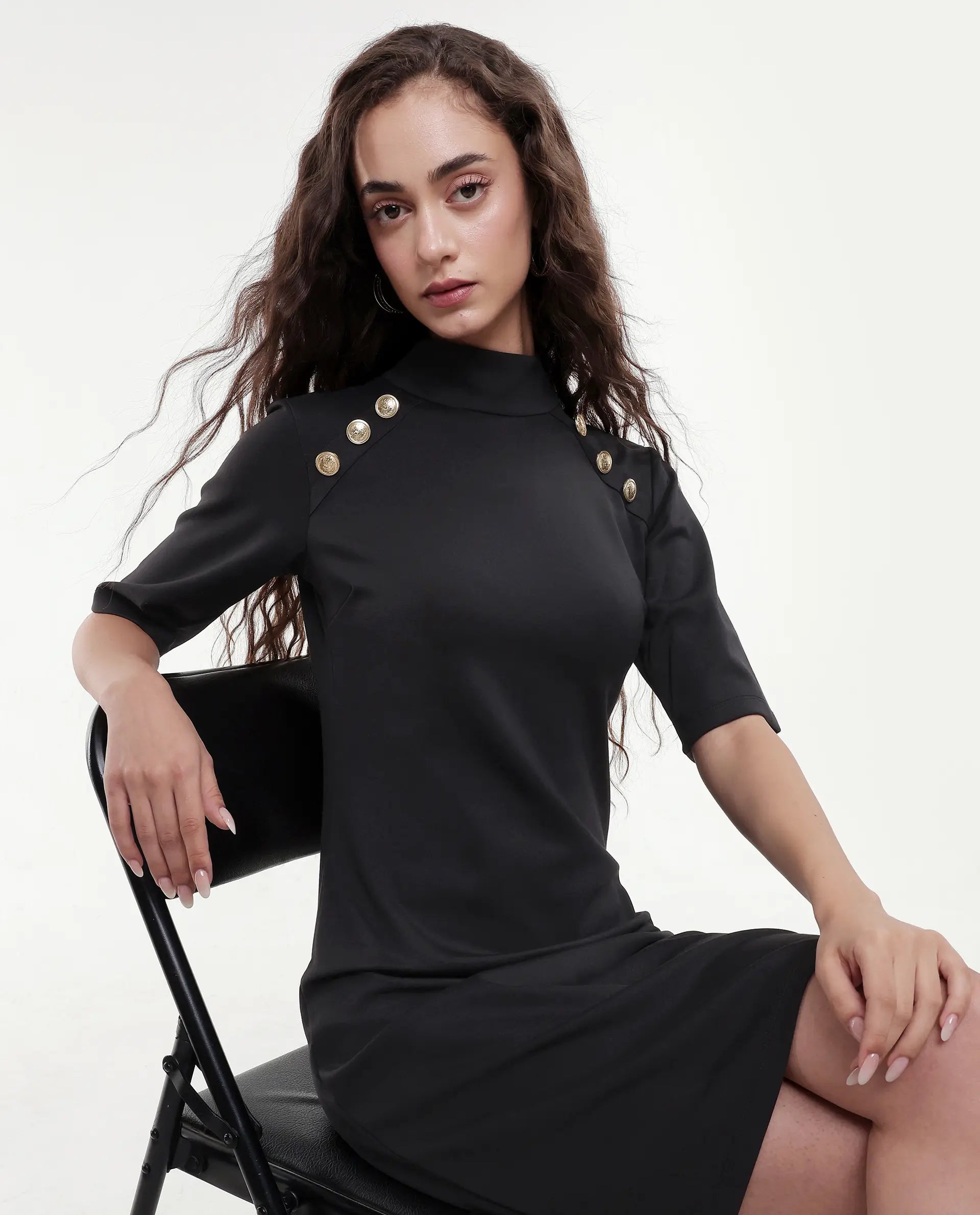 Rareism Women's Bolu Black Cotton Blend High Neck Plain Knee Length Slim Fit Dress