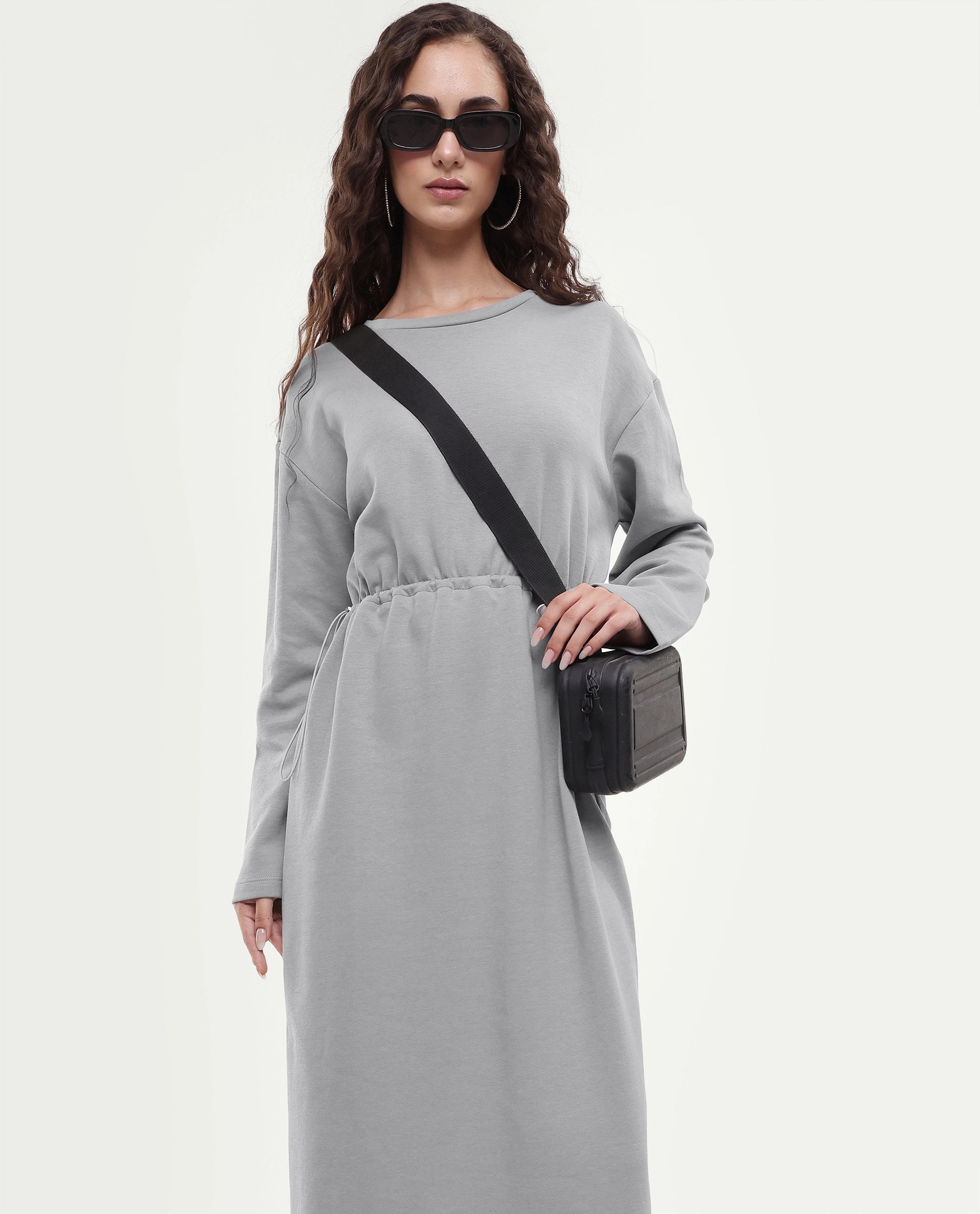 Rareism Women's Zarene Grey Cotton Blend Crew Neck Plain Maxi Regular Fit Dress