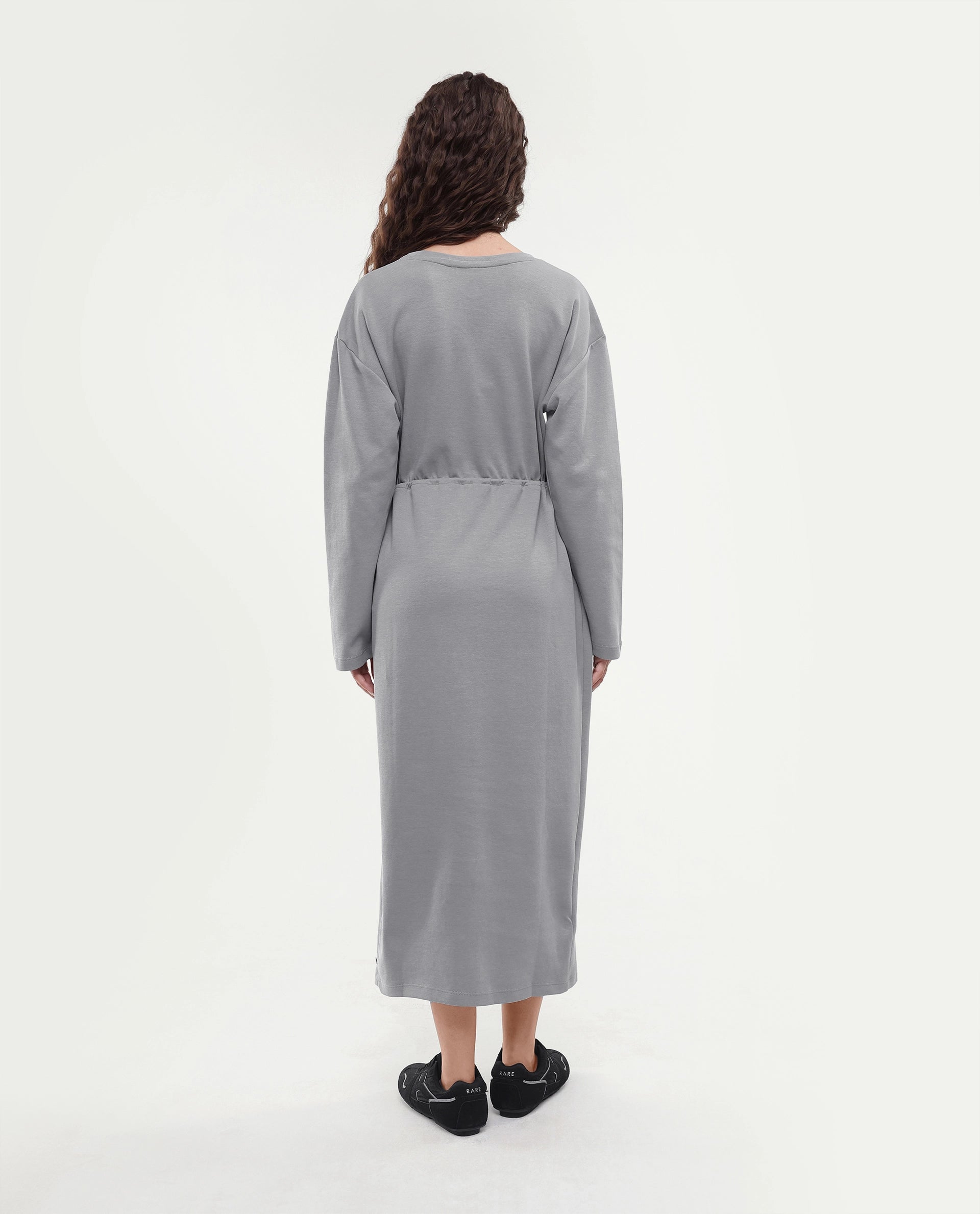 Rareism Women's Zarene Grey Cotton Blend Crew Neck Plain Maxi Regular Fit Dress
