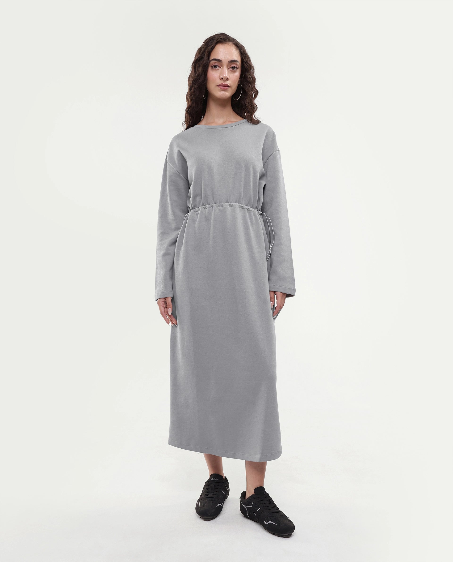 Rareism Women's Zarene Grey Cotton Blend Crew Neck Plain Maxi Regular Fit Dress