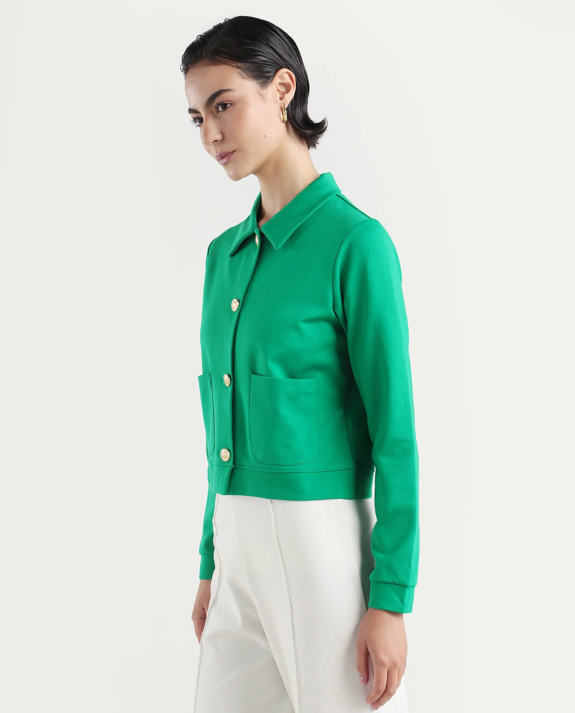 Rareism Women's Sakaryan Green Cotton Blend Spread Collar Plain Regular Fit Shirt