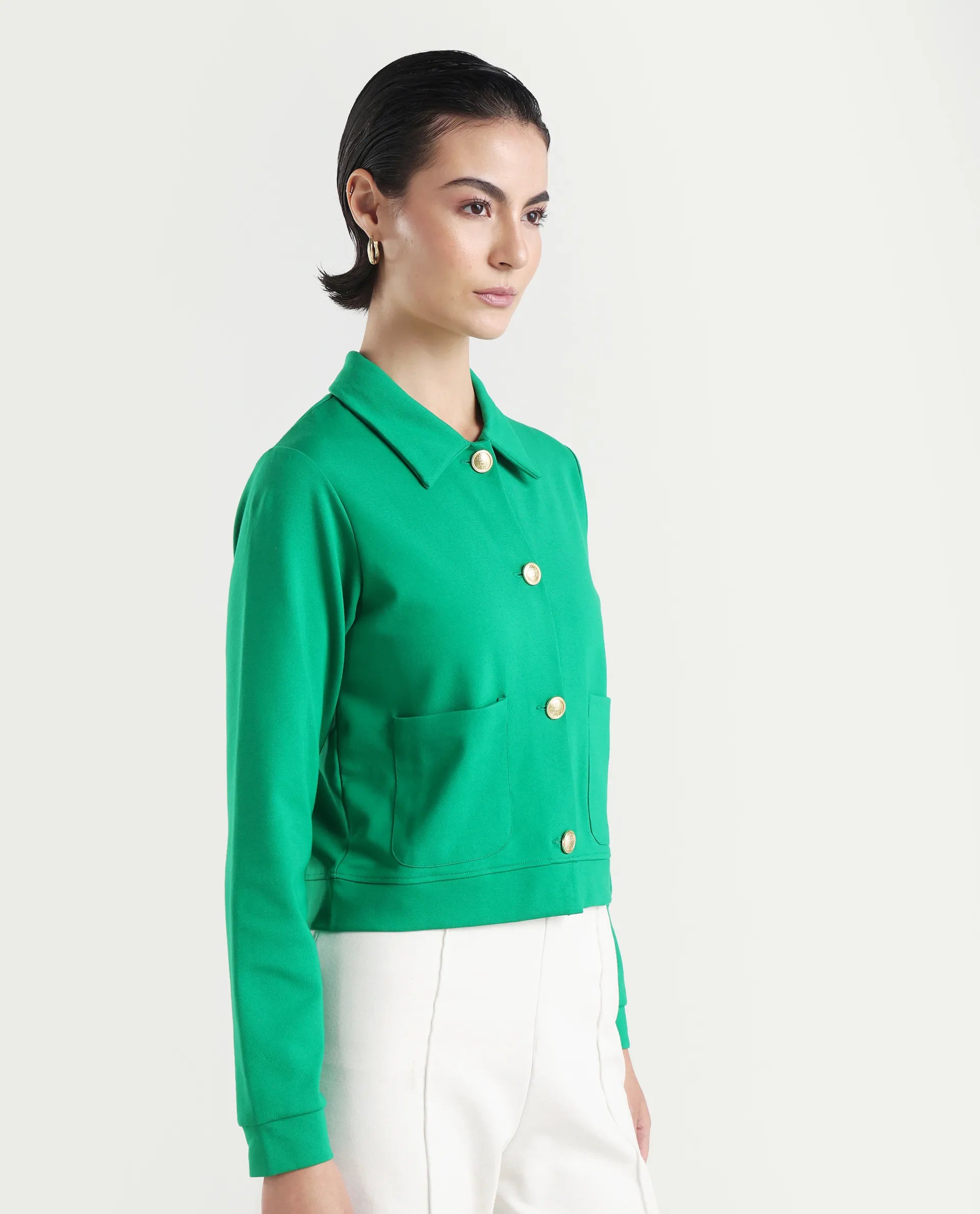 Rareism Women's Sakaryan Green Cotton Blend Spread Collar Plain Regular Fit Shirt