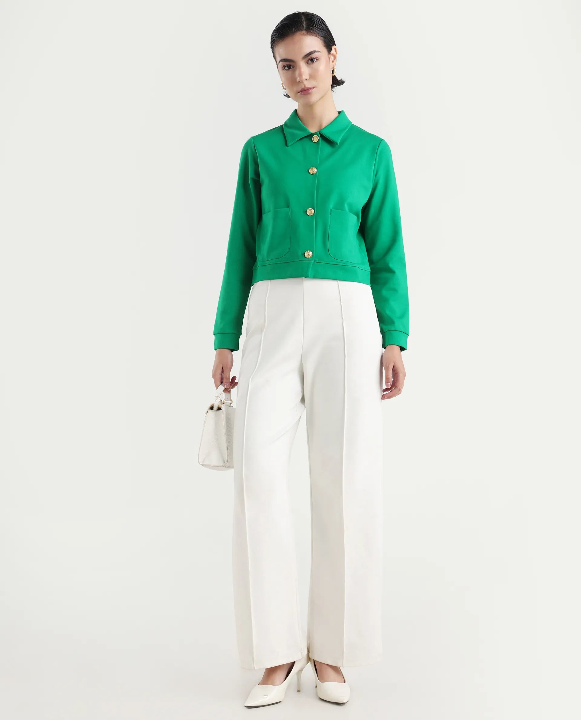 Rareism Women's Sakaryan Green Cotton Blend Spread Collar Plain Regular Fit Shirt