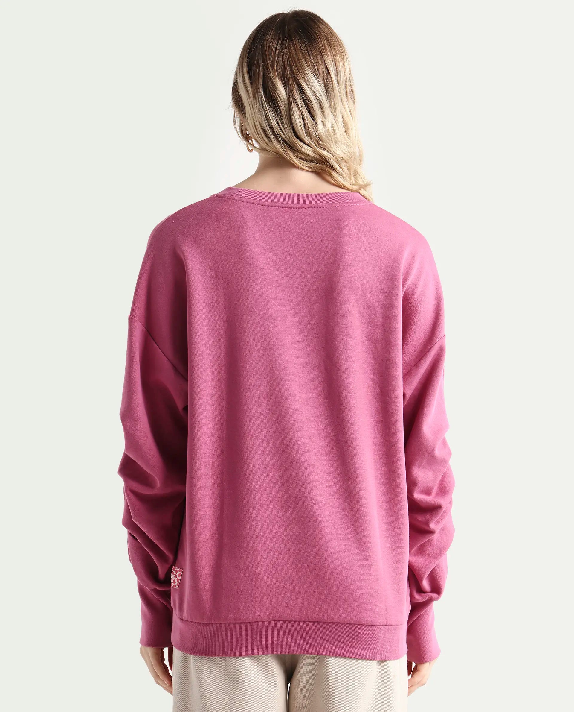 Rareism Women's Ruch Dark Pink Cotton Blend Crew Neck Plain Hip Length Relaxed Fit Sweatshirt