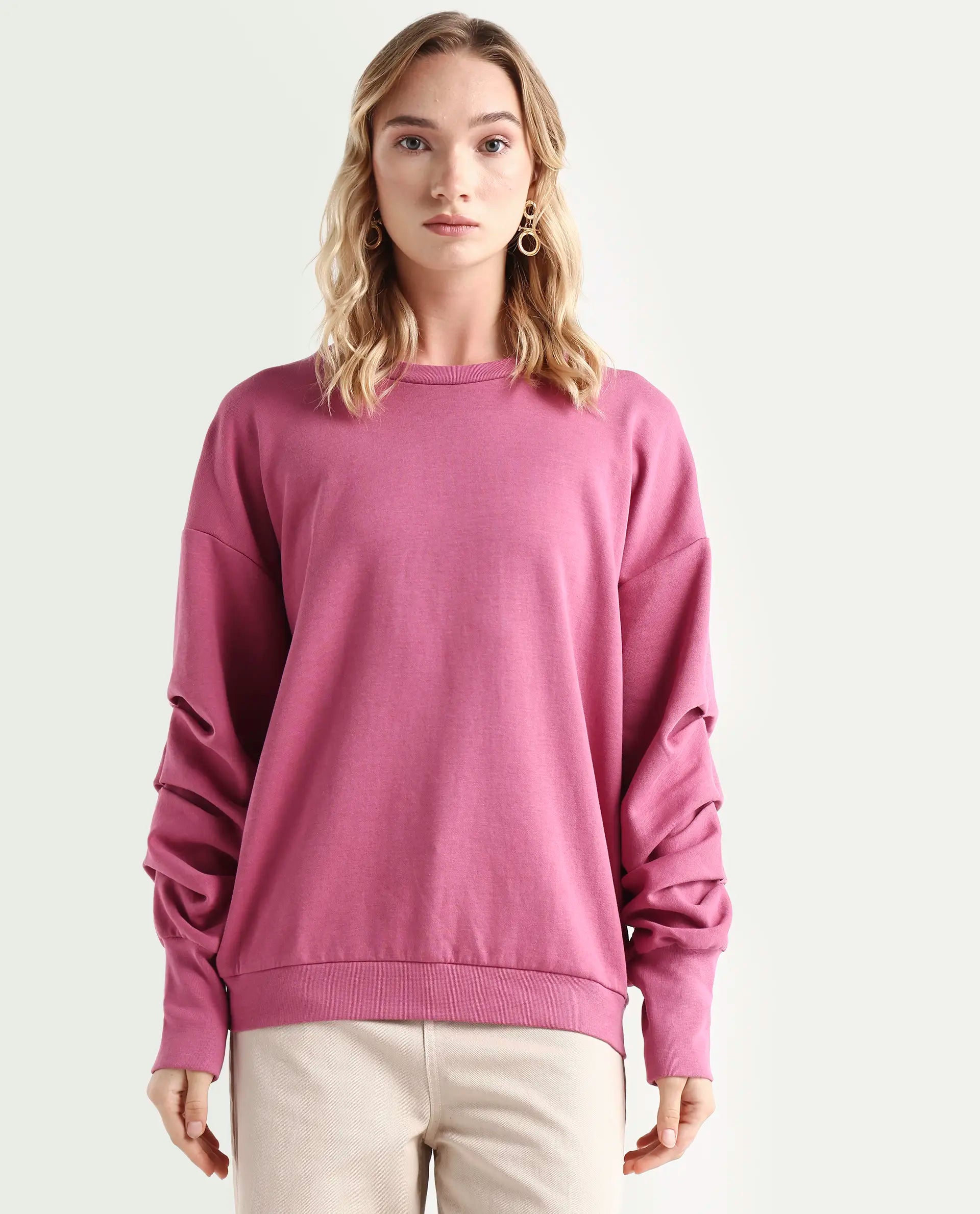 Rareism Women's Ruch Dark Pink Cotton Blend Crew Neck Plain Hip Length Relaxed Fit Sweatshirt