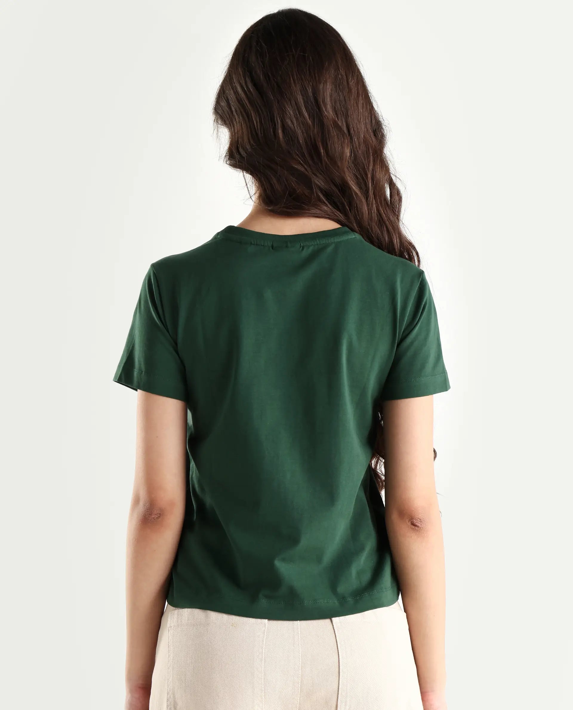 Rareism Women's Mirth Olive Cotton Blend Crew Neck Graphic Print Regular Fit T-Shirt