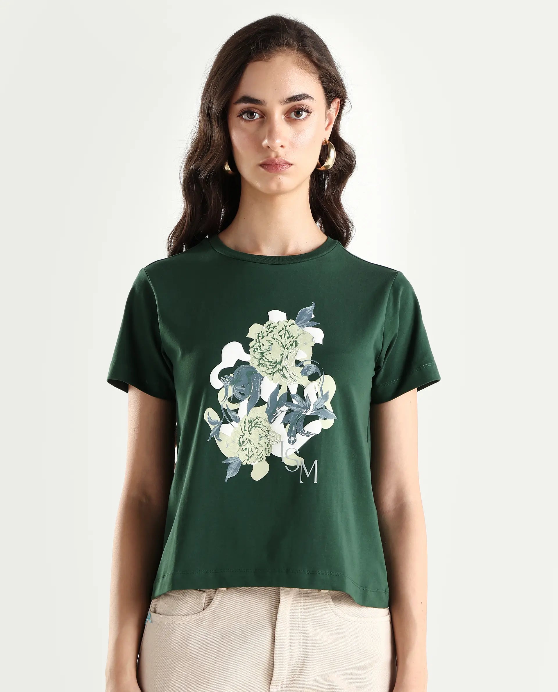 Rareism Women's Mirth Olive Cotton Blend Crew Neck Graphic Print Regular Fit T-Shirt