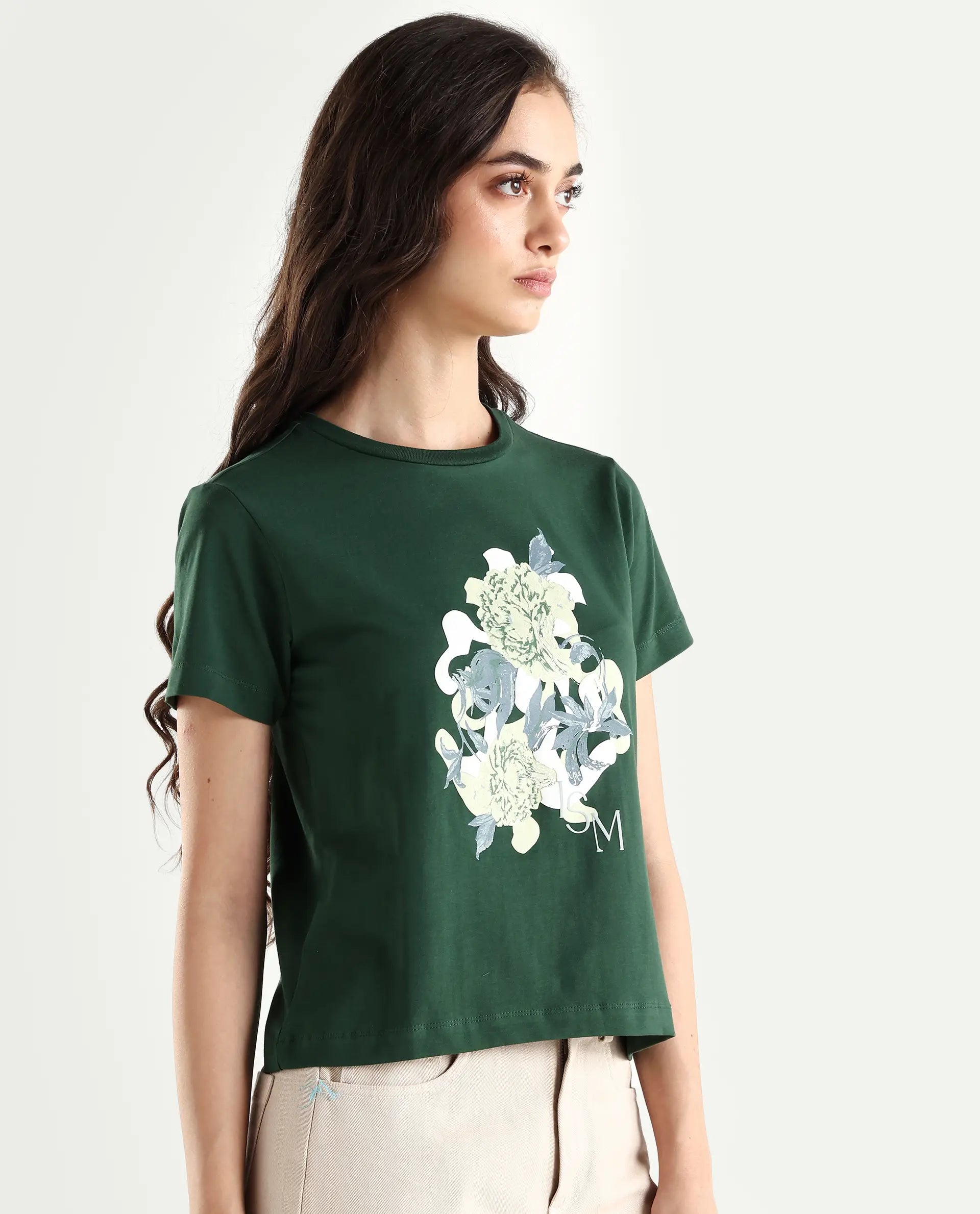 Rareism Women's Mirth Olive Cotton Blend Crew Neck Graphic Print Regular Fit T-Shirt