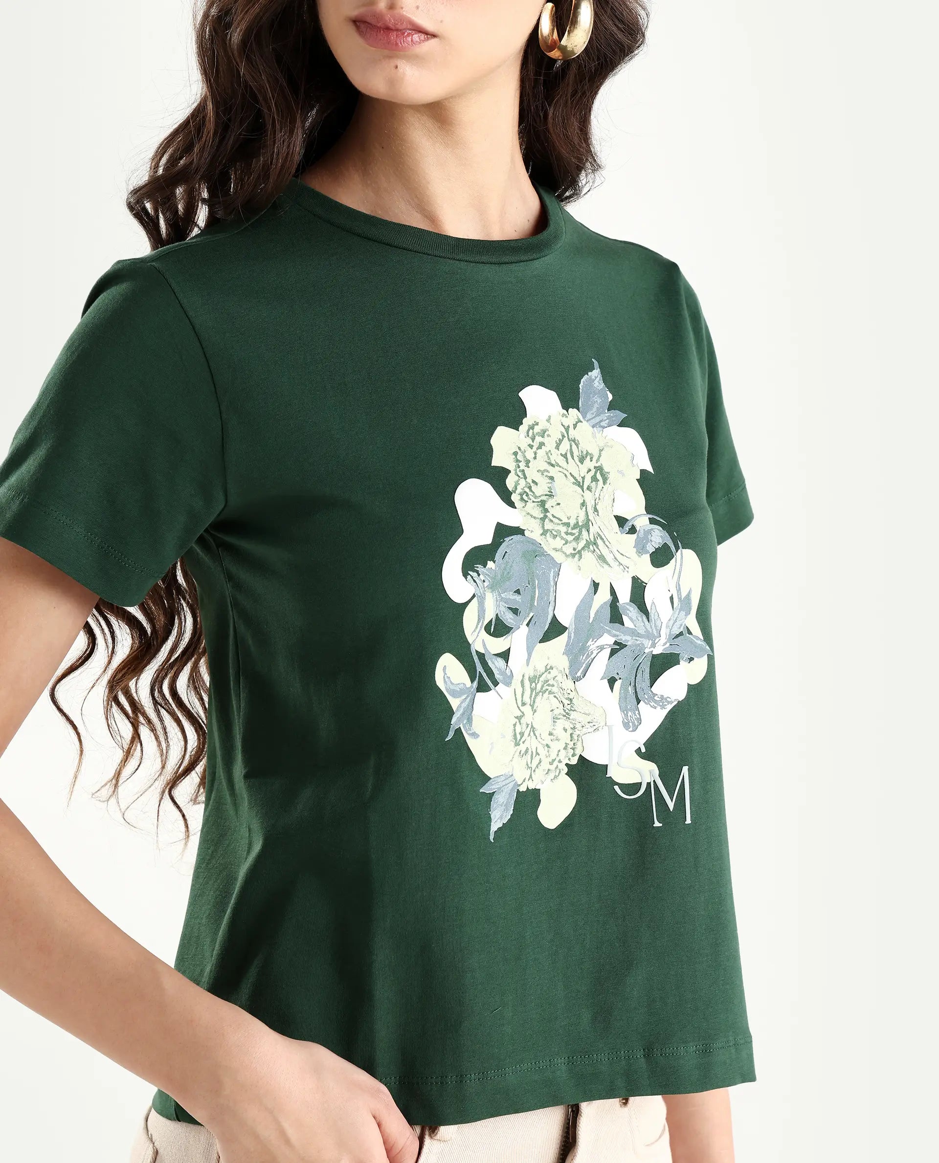 Rareism Women's Mirth Olive Cotton Blend Crew Neck Graphic Print Regular Fit T-Shirt