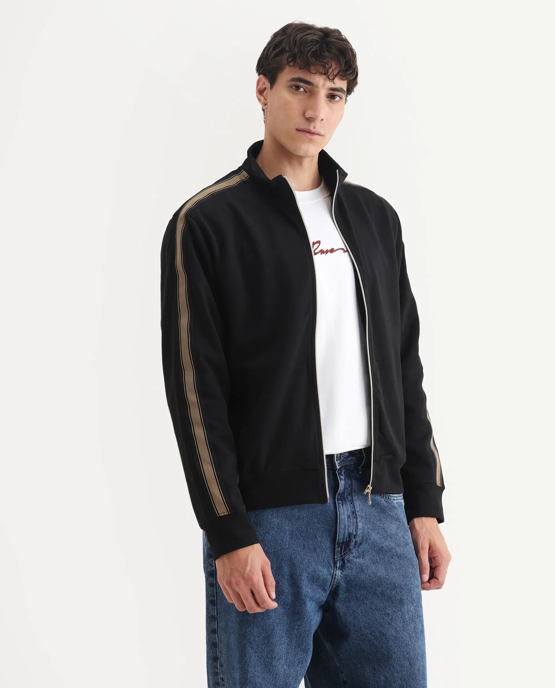 Rare Rabbit Men's Jacksign Black Cotton Blend Signature Print Regular Fit Full Sleeve High Neck Jacket