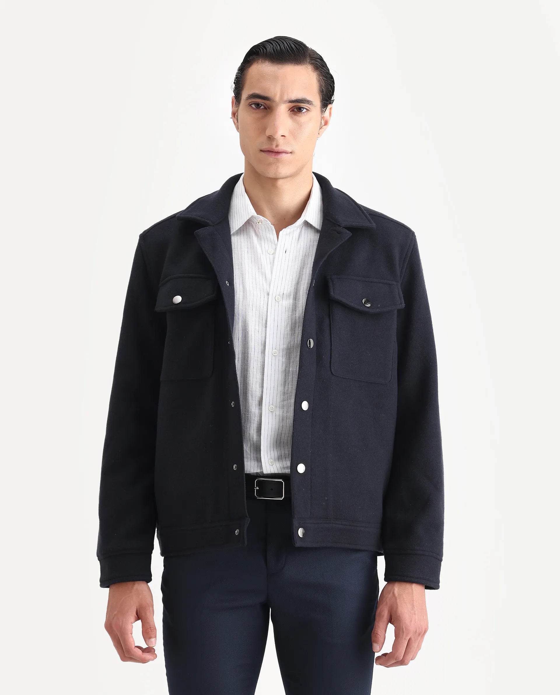Rare Rabbit Men's Tweedo-2 Dark Navy Polyester Textured Relaxed Fit Full Sleeve Spread Collar Jacket
