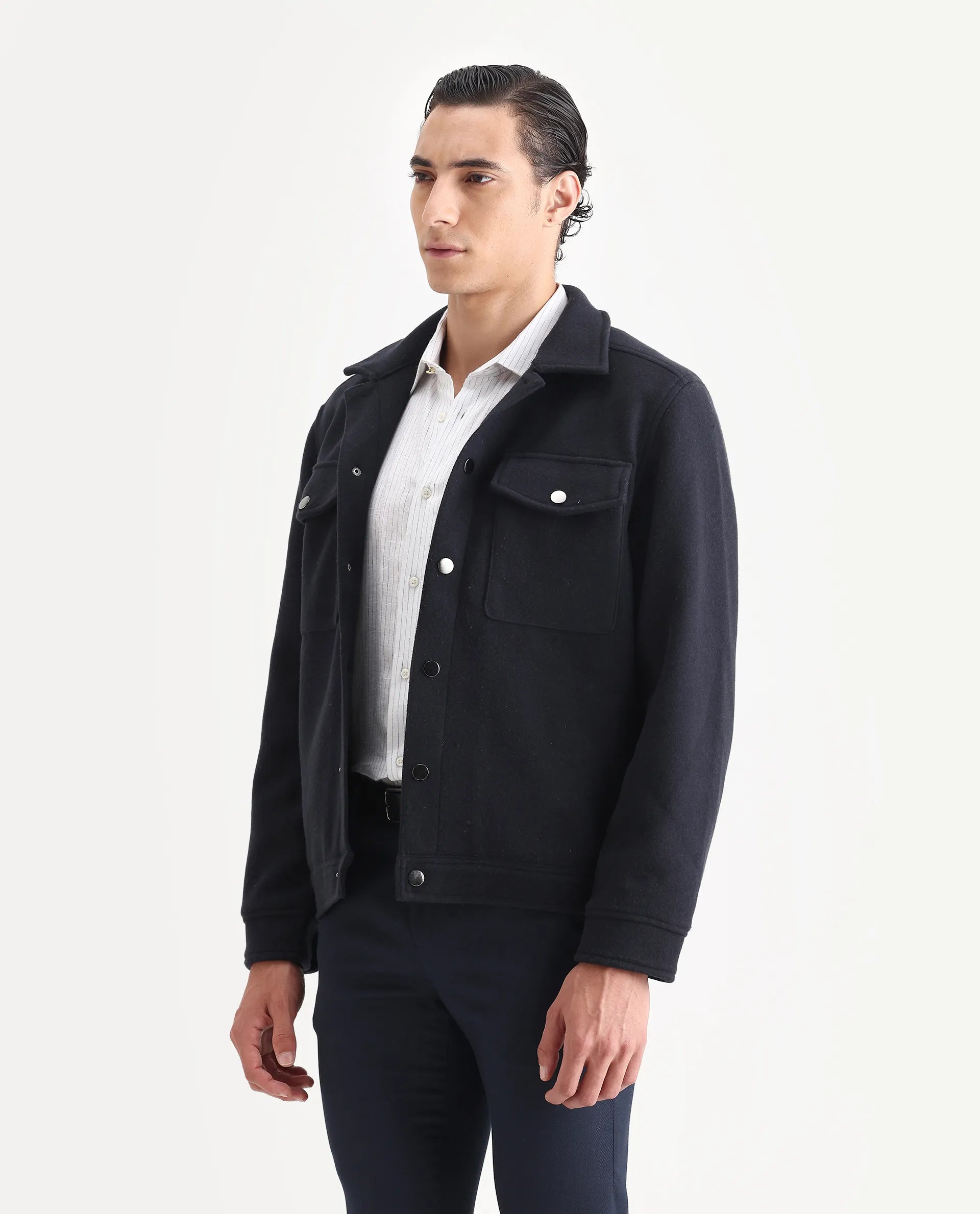 Rare Rabbit Men's Tweedo-2 Dark Navy Polyester Textured Relaxed Fit Full Sleeve Spread Collar Jacket