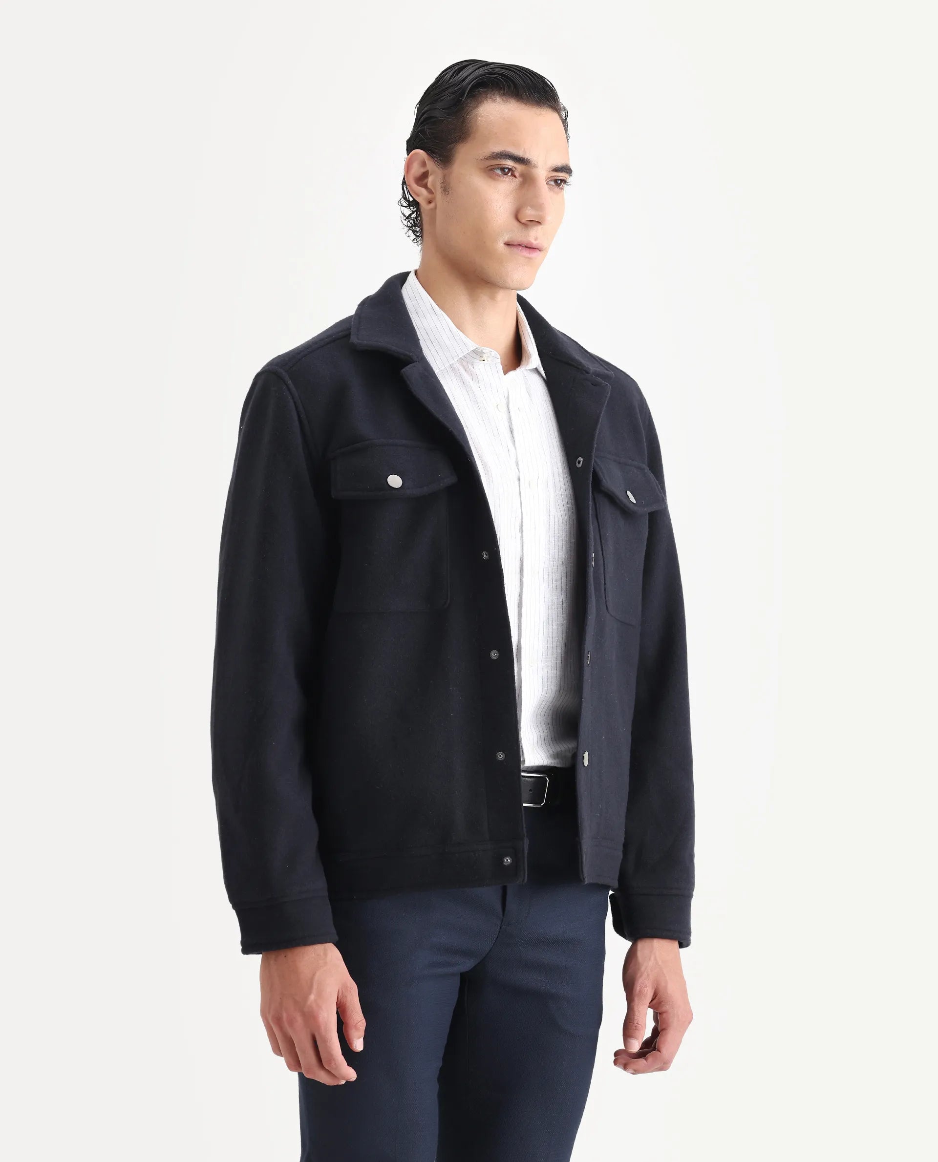 Rare Rabbit Men's Tweedo-2 Dark Navy Polyester Textured Relaxed Fit Full Sleeve Spread Collar Jacket