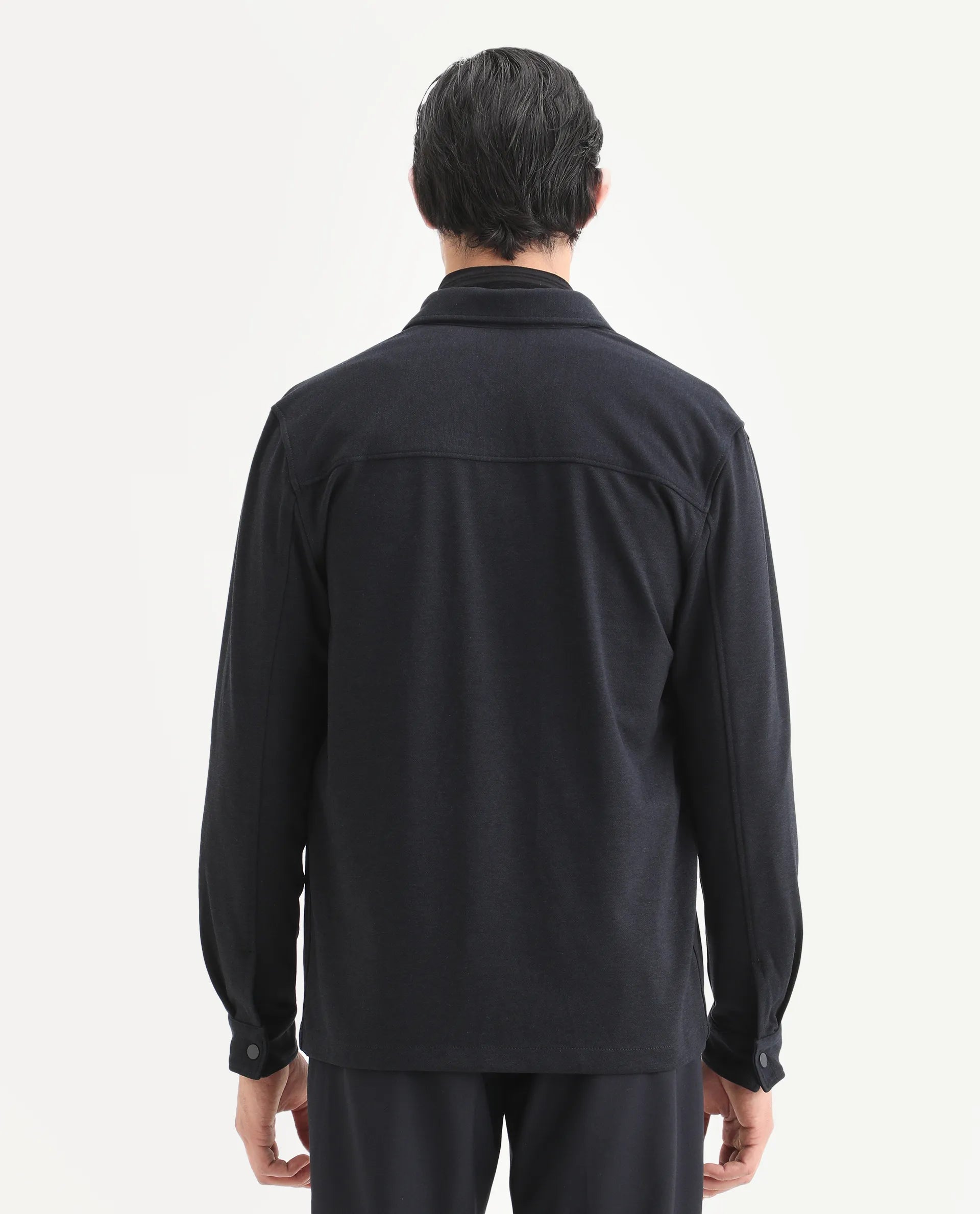 Rare Rabbit Men's Arlington Dark Navy Polyester Blend Plain Regular Fit Full Sleeve Collared Shacket