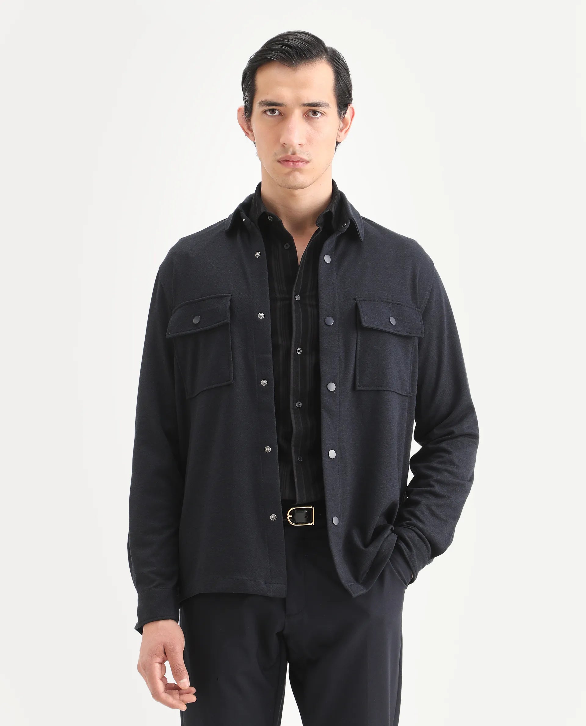 Rare Rabbit Men's Arlington Dark Navy Polyester Blend Plain Regular Fit Full Sleeve Collared Shacket