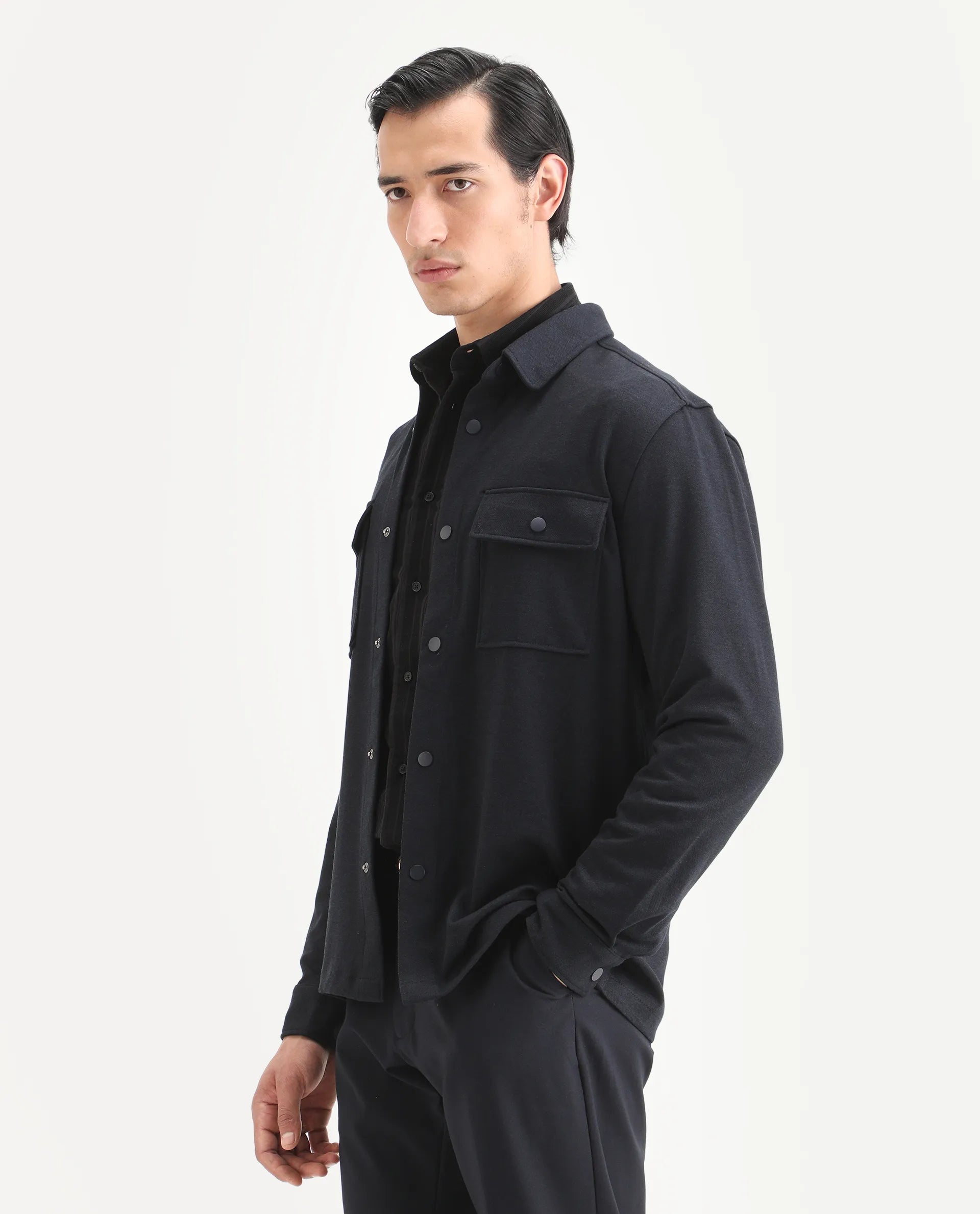 Rare Rabbit Men's Arlington Dark Navy Polyester Blend Plain Regular Fit Full Sleeve Collared Shacket