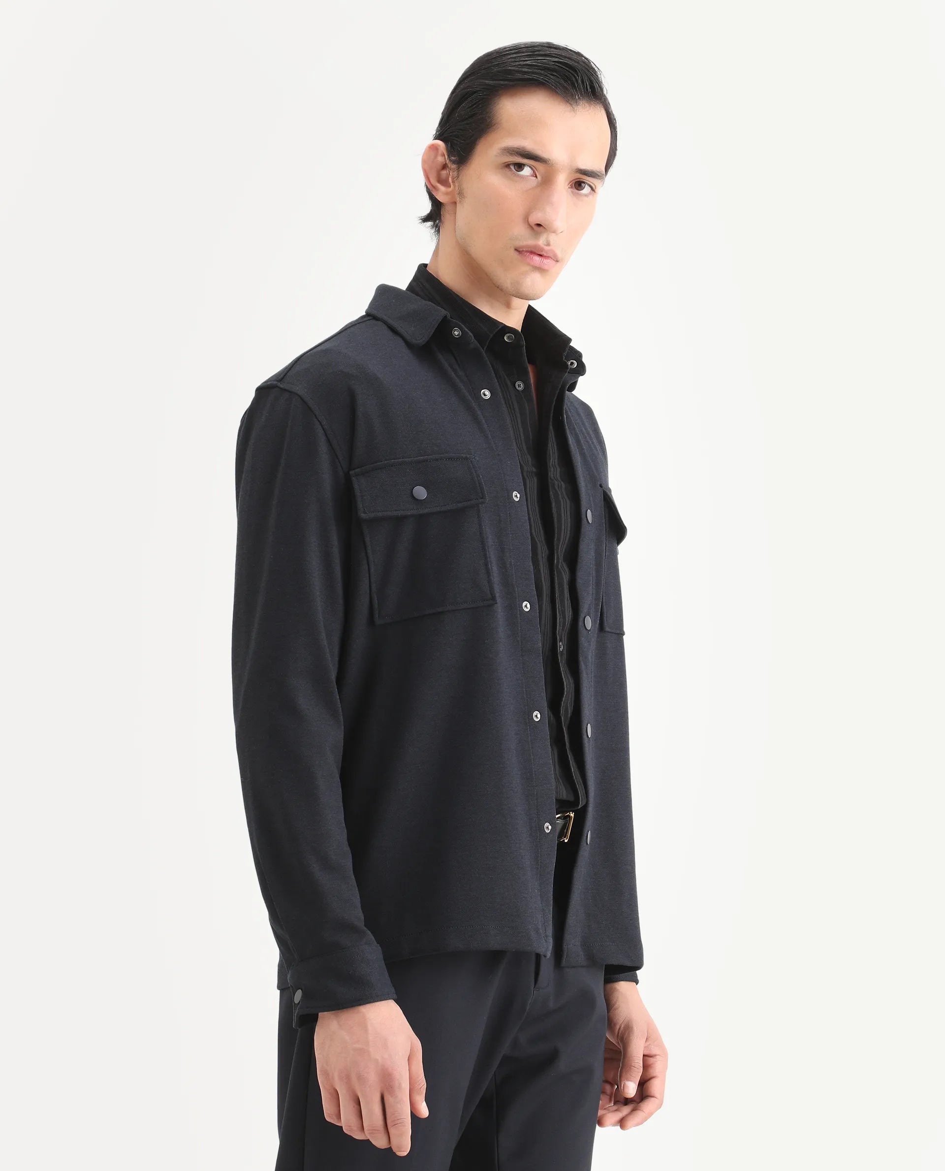 Rare Rabbit Men's Arlington Dark Navy Polyester Blend Plain Regular Fit Full Sleeve Collared Shacket