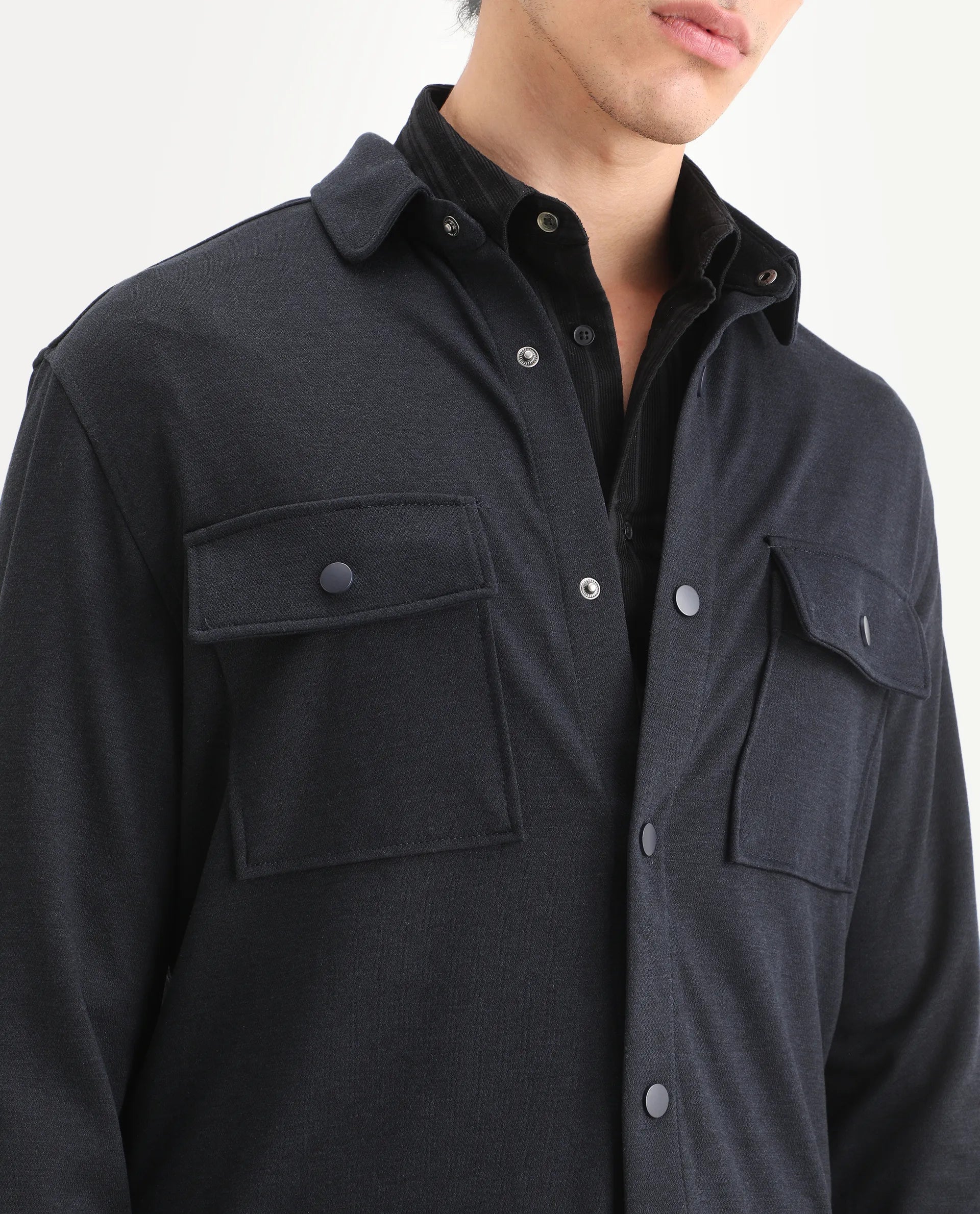 Rare Rabbit Men's Arlington Dark Navy Polyester Blend Plain Regular Fit Full Sleeve Collared Shacket