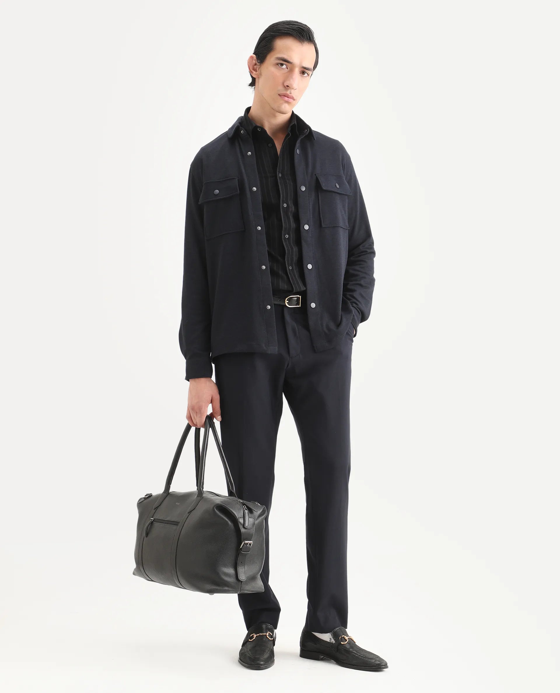 Rare Rabbit Men's Arlington Dark Navy Polyester Blend Plain Regular Fit Full Sleeve Collared Shacket