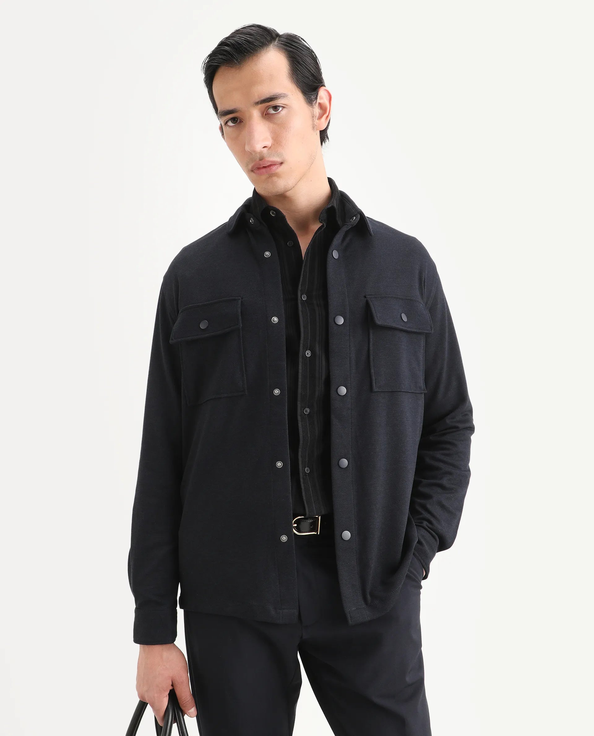 Rare Rabbit Men's Arlington Dark Navy Polyester Blend Plain Regular Fit Full Sleeve Collared Shacket
