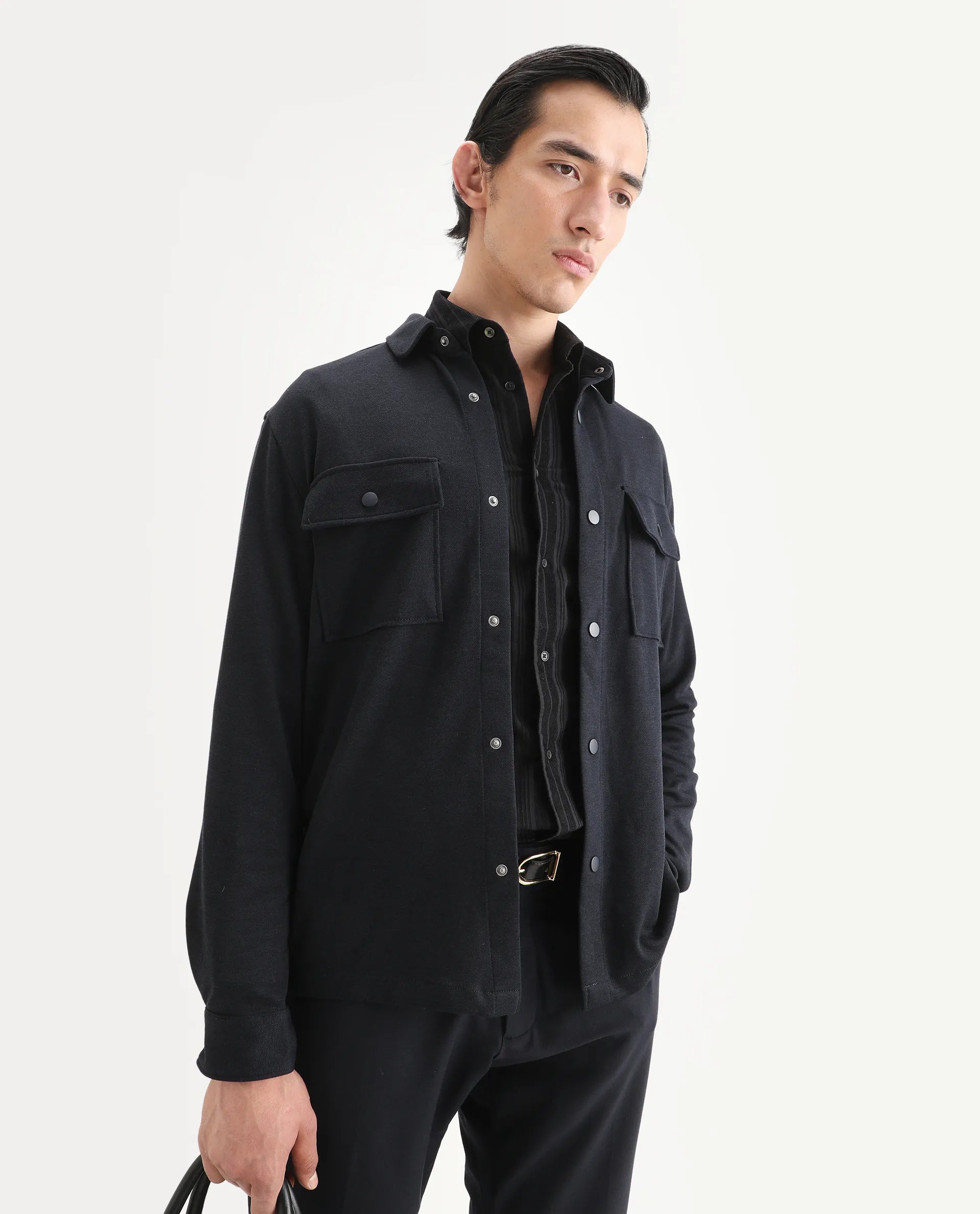 Rare Rabbit Men's Arlington Dark Navy Polyester Blend Plain Regular Fit Full Sleeve Collared Shacket