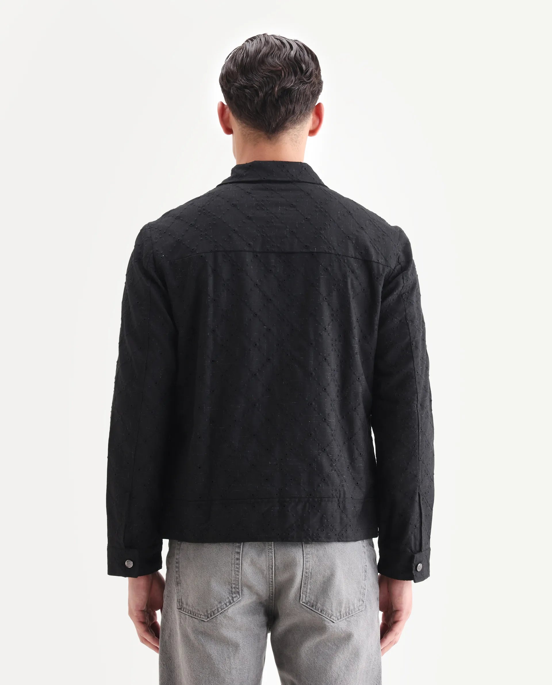 Rare Rabbit Men's Canyo Black Polyester Embroidered Relaxed Fit Full Sleeve Spread Collar Jacket