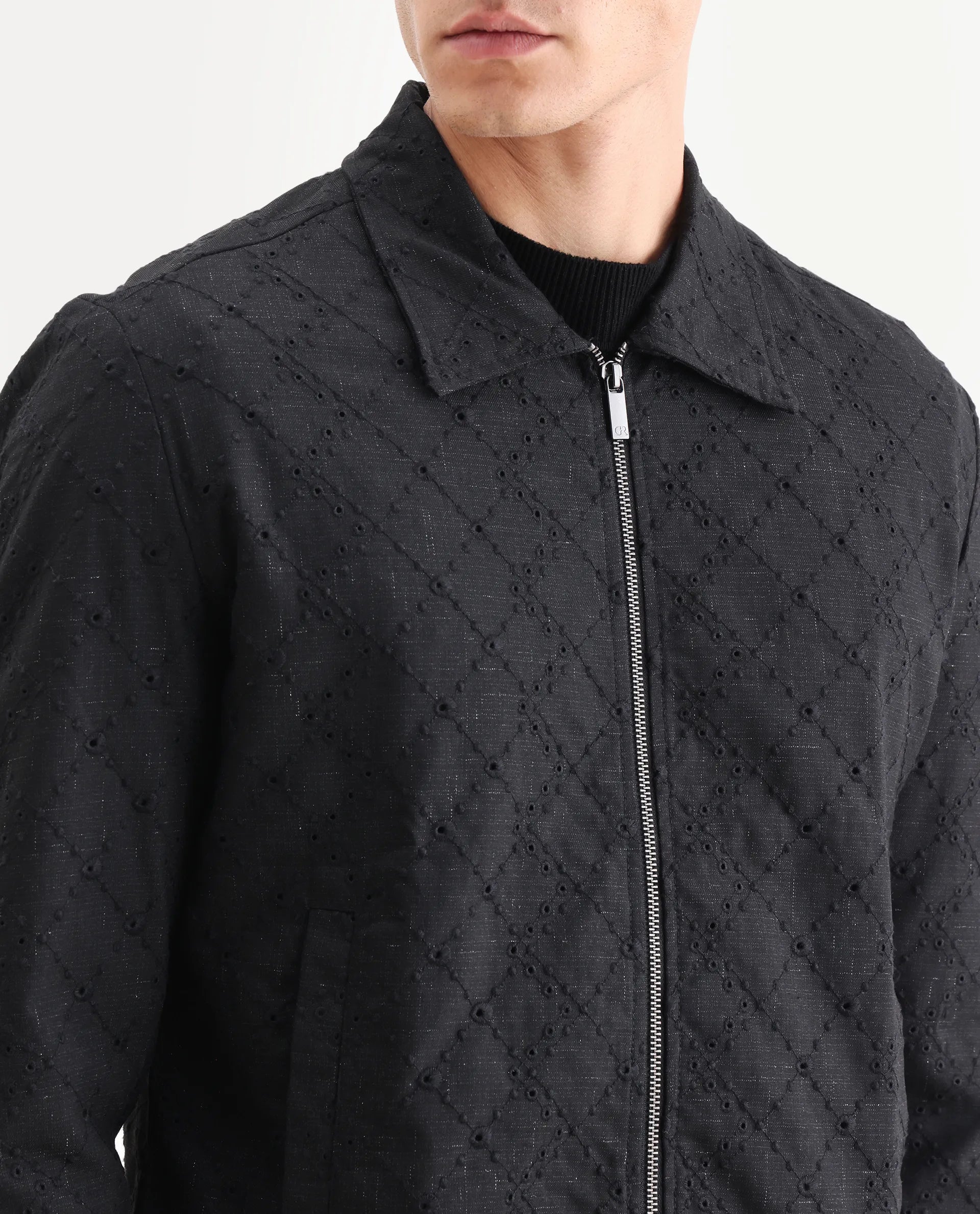 Rare Rabbit Men's Canyo Black Polyester Embroidered Relaxed Fit Full Sleeve Spread Collar Jacket