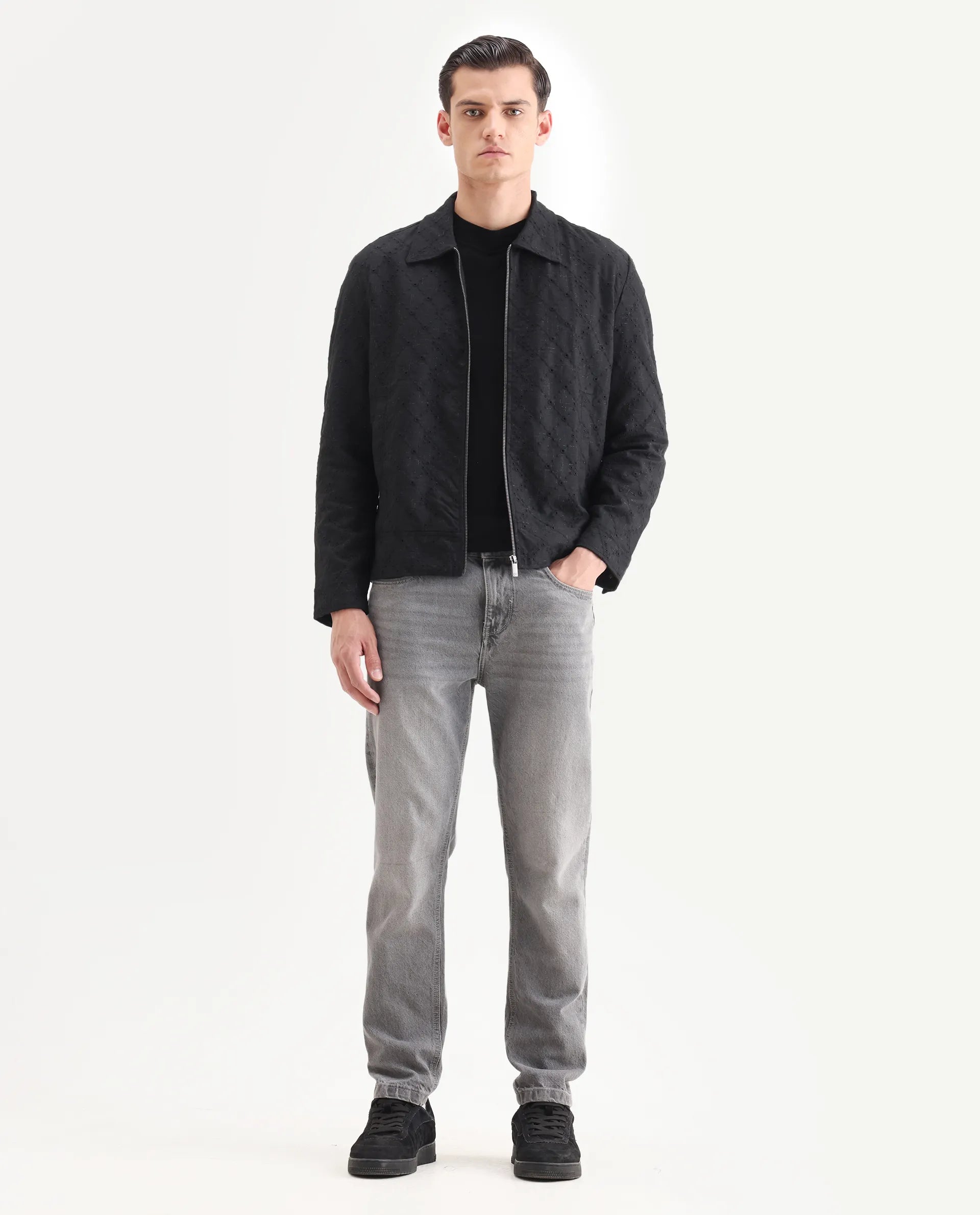 Rare Rabbit Men's Canyo Black Polyester Embroidered Relaxed Fit Full Sleeve Spread Collar Jacket