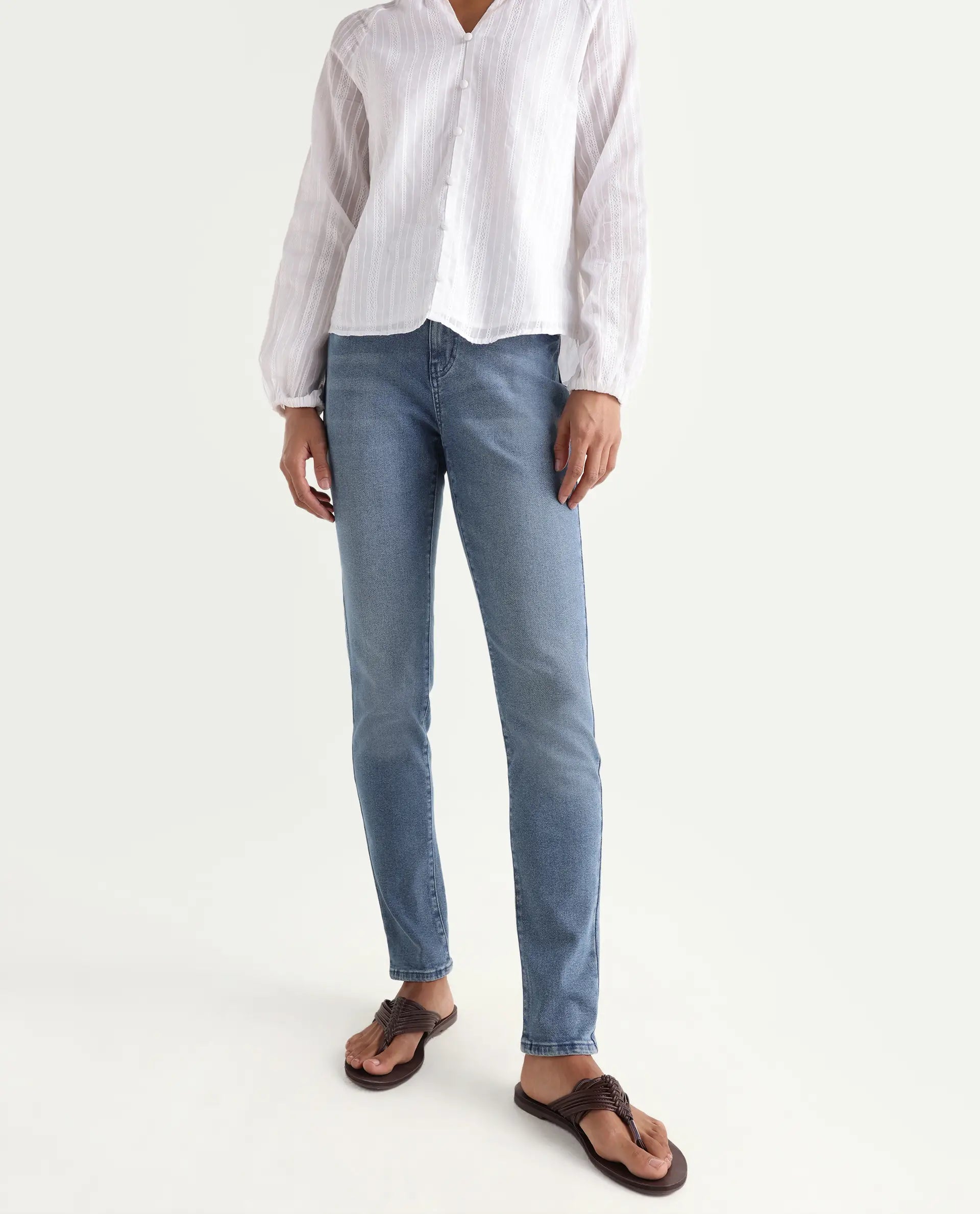 Rareism Women's Zinga Blue Cotton Blend Plain Ankle Length Skinny Fit Jeans
